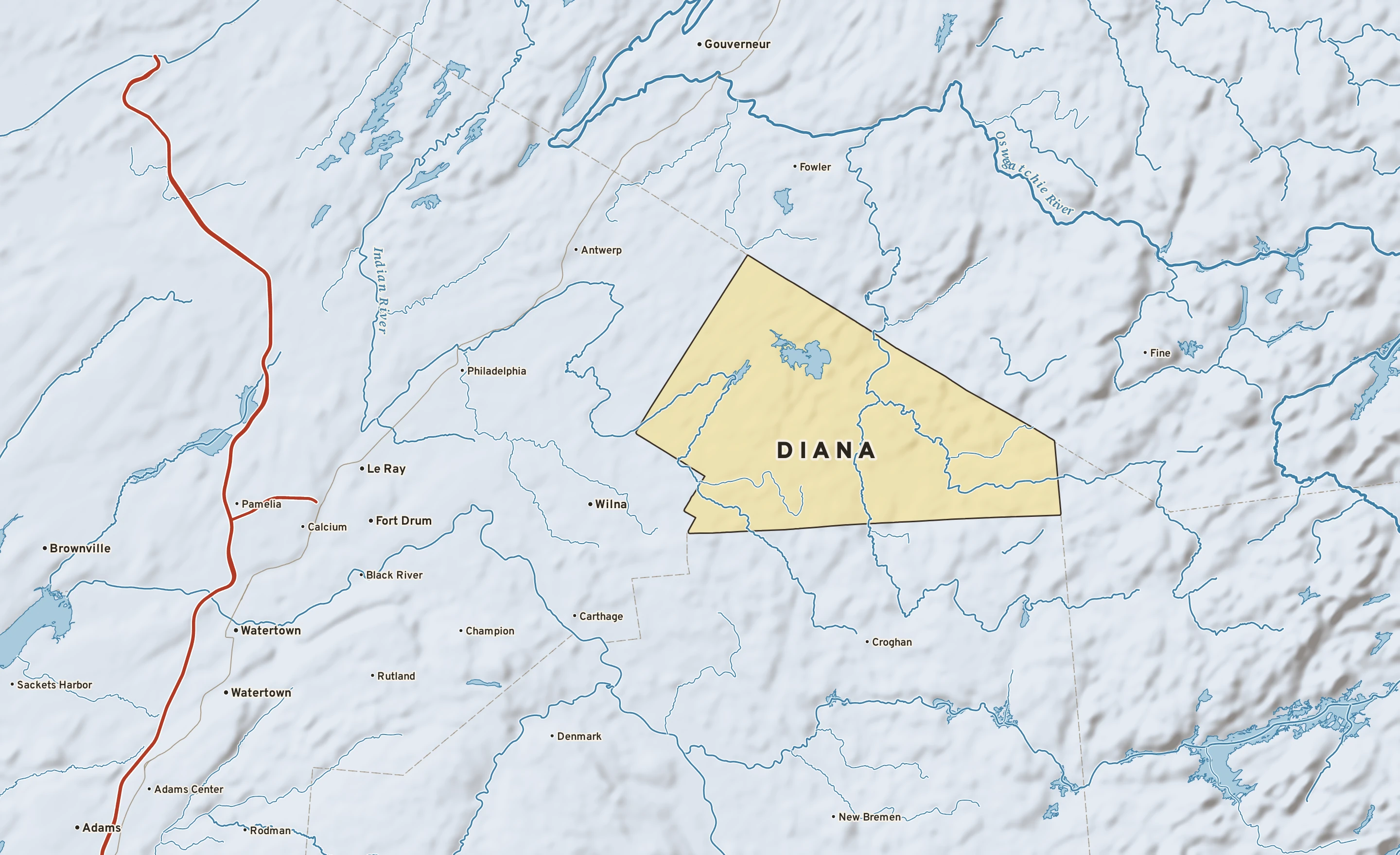 Shaded-relief atlas plate of Diana, New York: rivers, roads, the city limits and where the water drains.