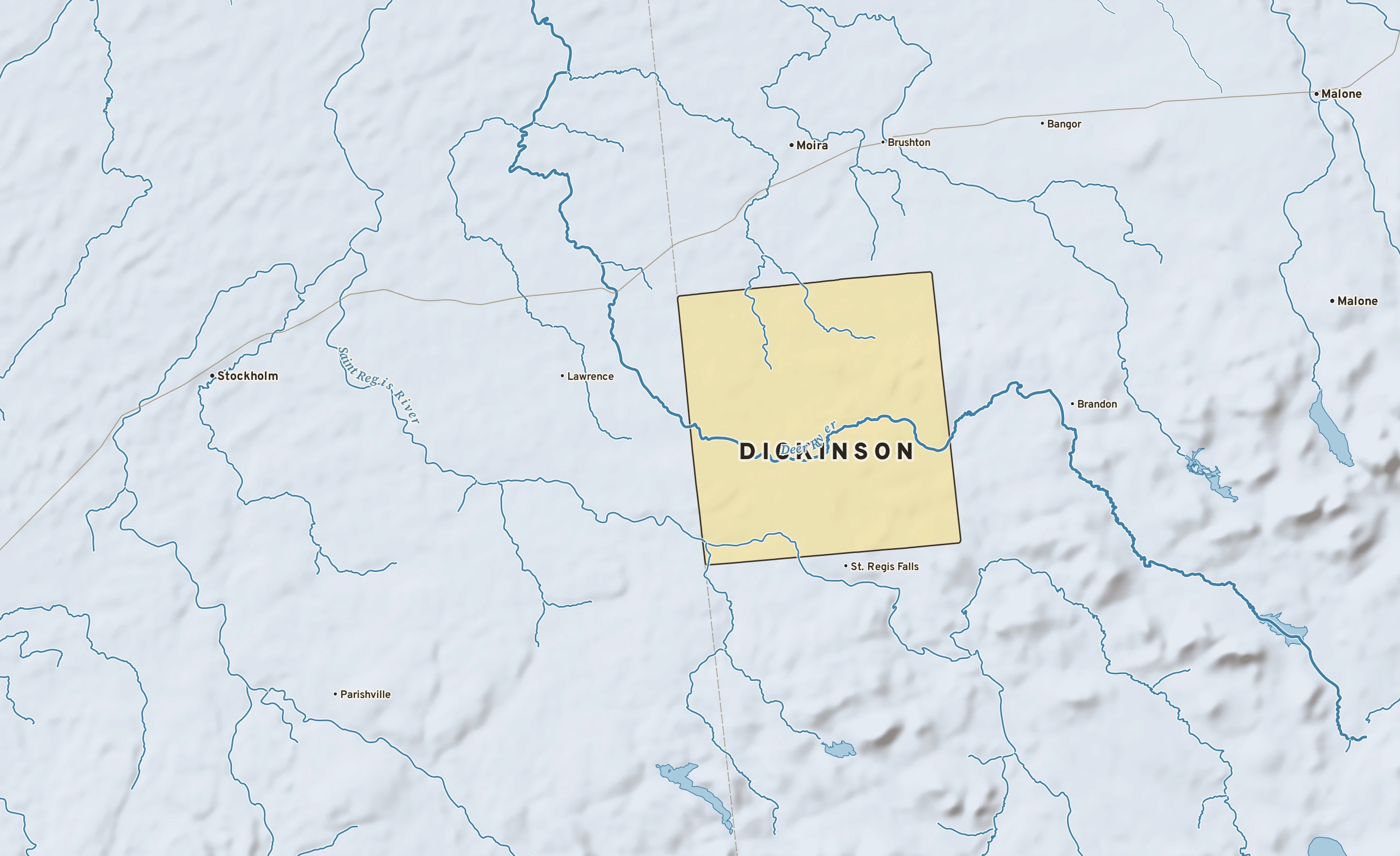 Shaded-relief atlas plate of Dickinson, New York: rivers, roads, the city limits and where the water drains.