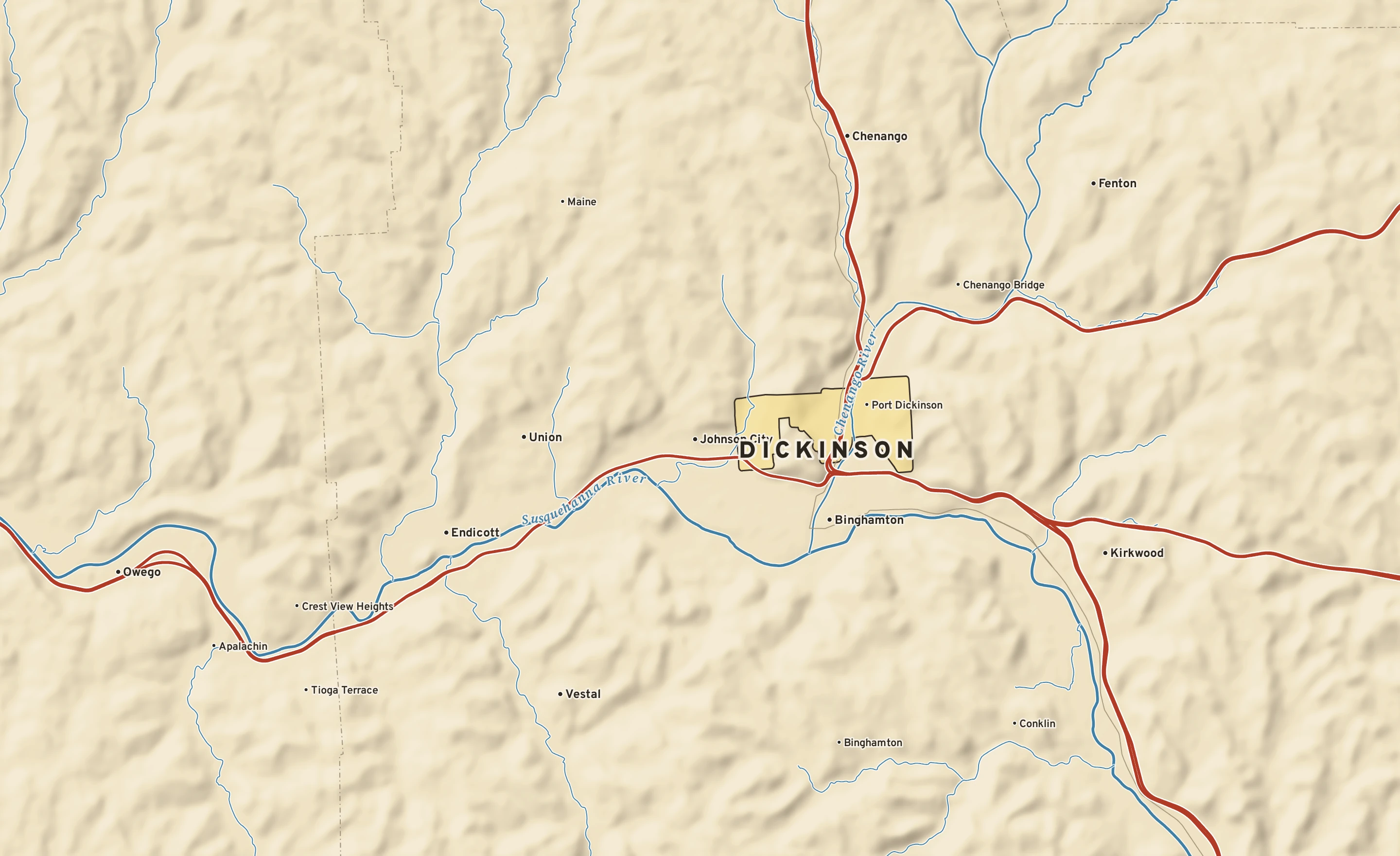 Shaded-relief atlas plate of Dickinson, New York: rivers, roads, the city limits and where the water drains.