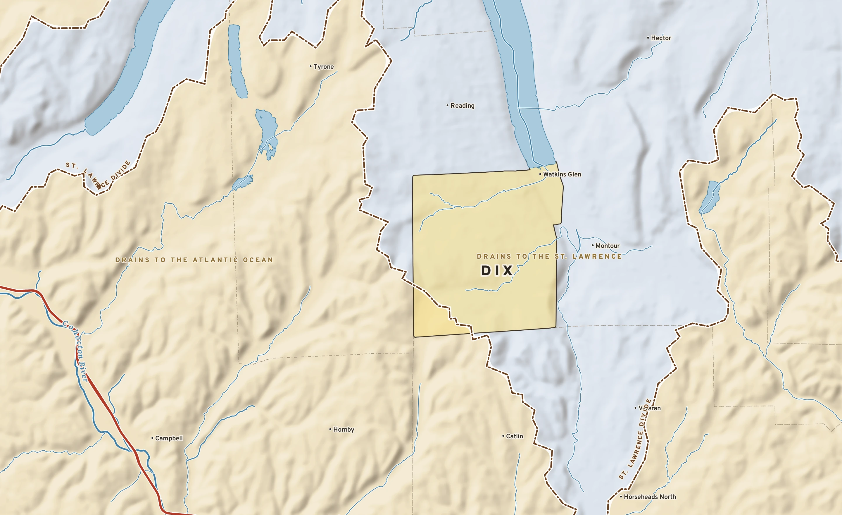 Shaded-relief atlas plate of Dix, New York: rivers, roads, the city limits and where the water drains.