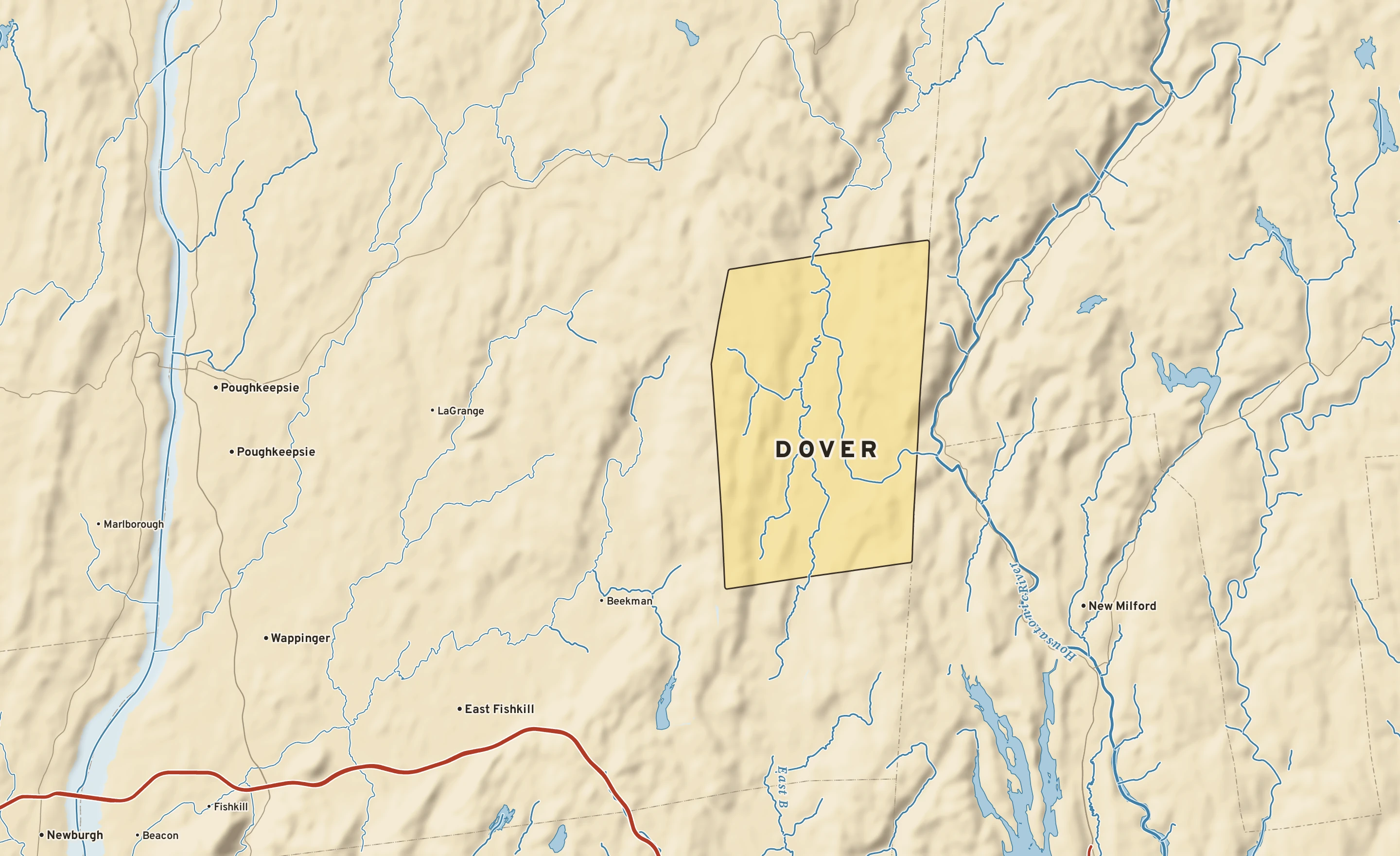 Shaded-relief atlas plate of Dover, New York: rivers, roads, the city limits and where the water drains.