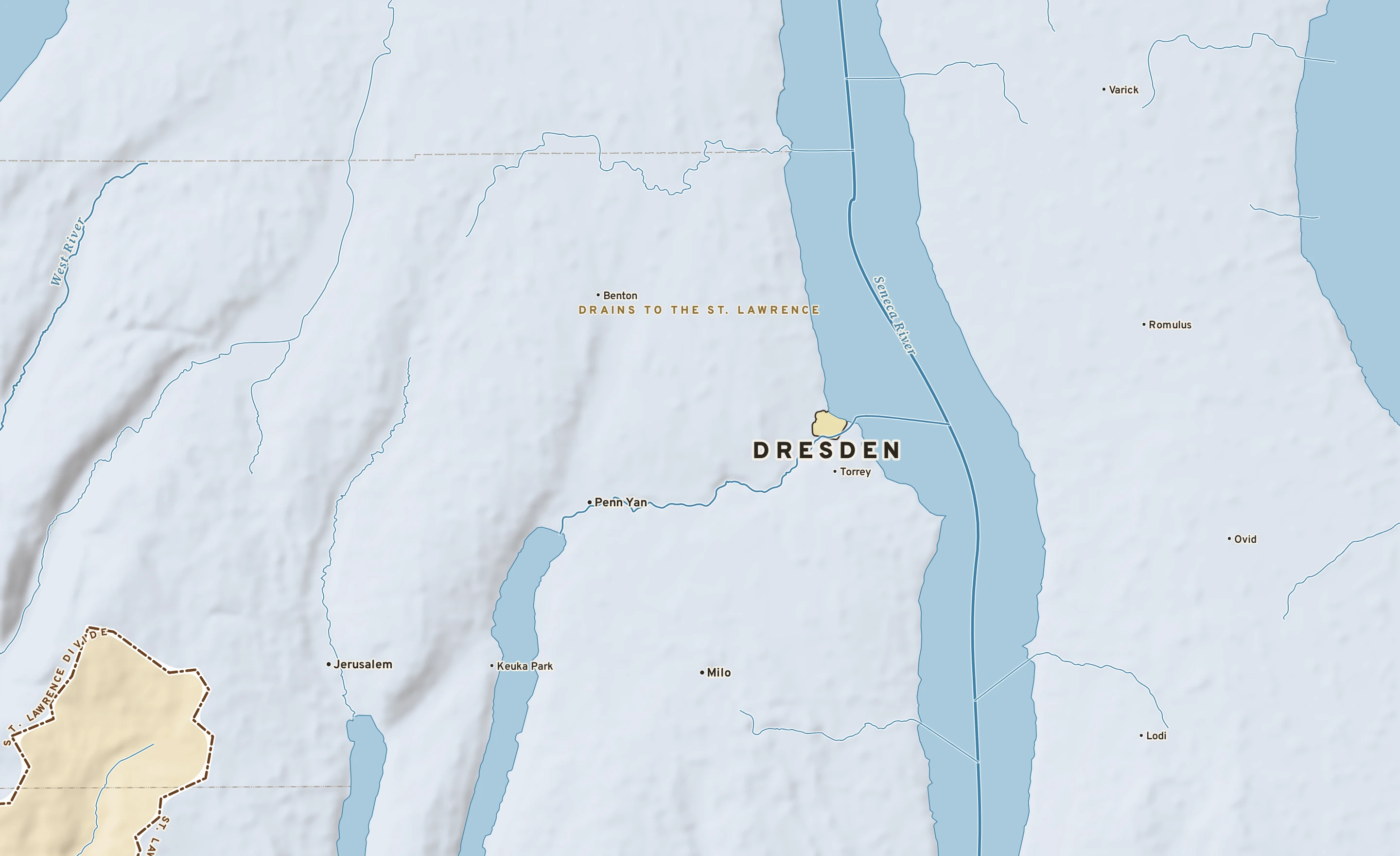 Shaded-relief atlas plate of Dresden, New York: rivers, roads, the city limits and where the water drains.