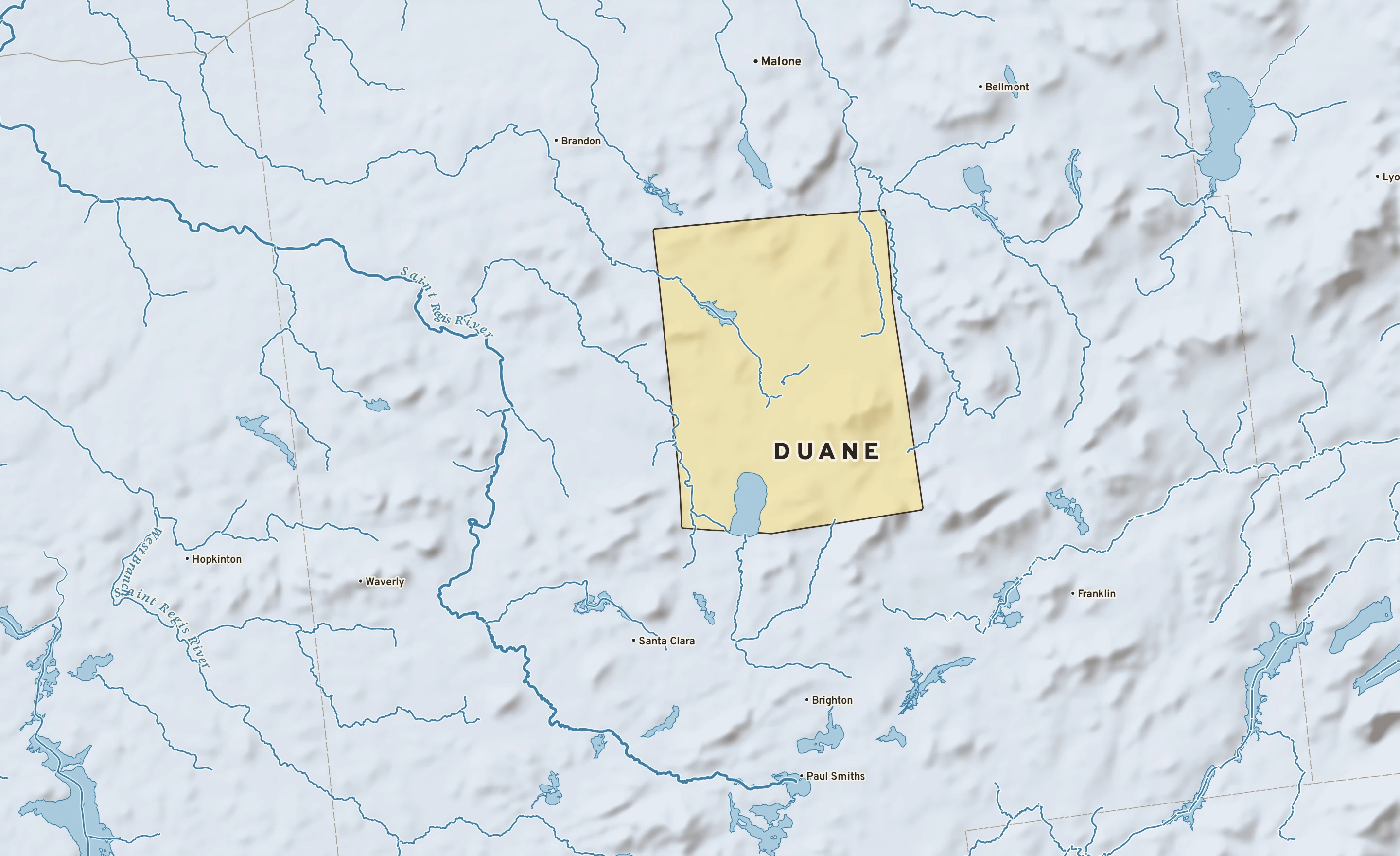 Shaded-relief atlas plate of Duane, New York: rivers, roads, the city limits and where the water drains.