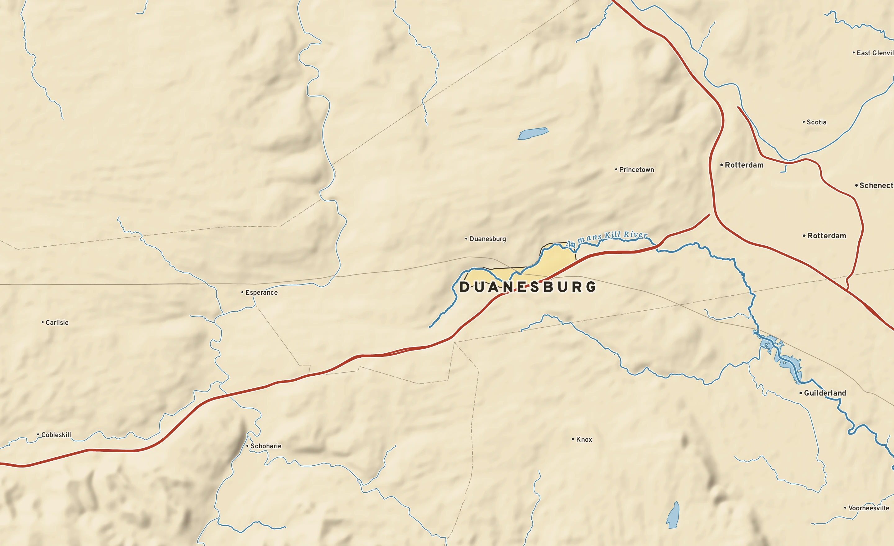 Shaded-relief atlas plate of Duanesburg, New York: rivers, roads, the city limits and where the water drains.