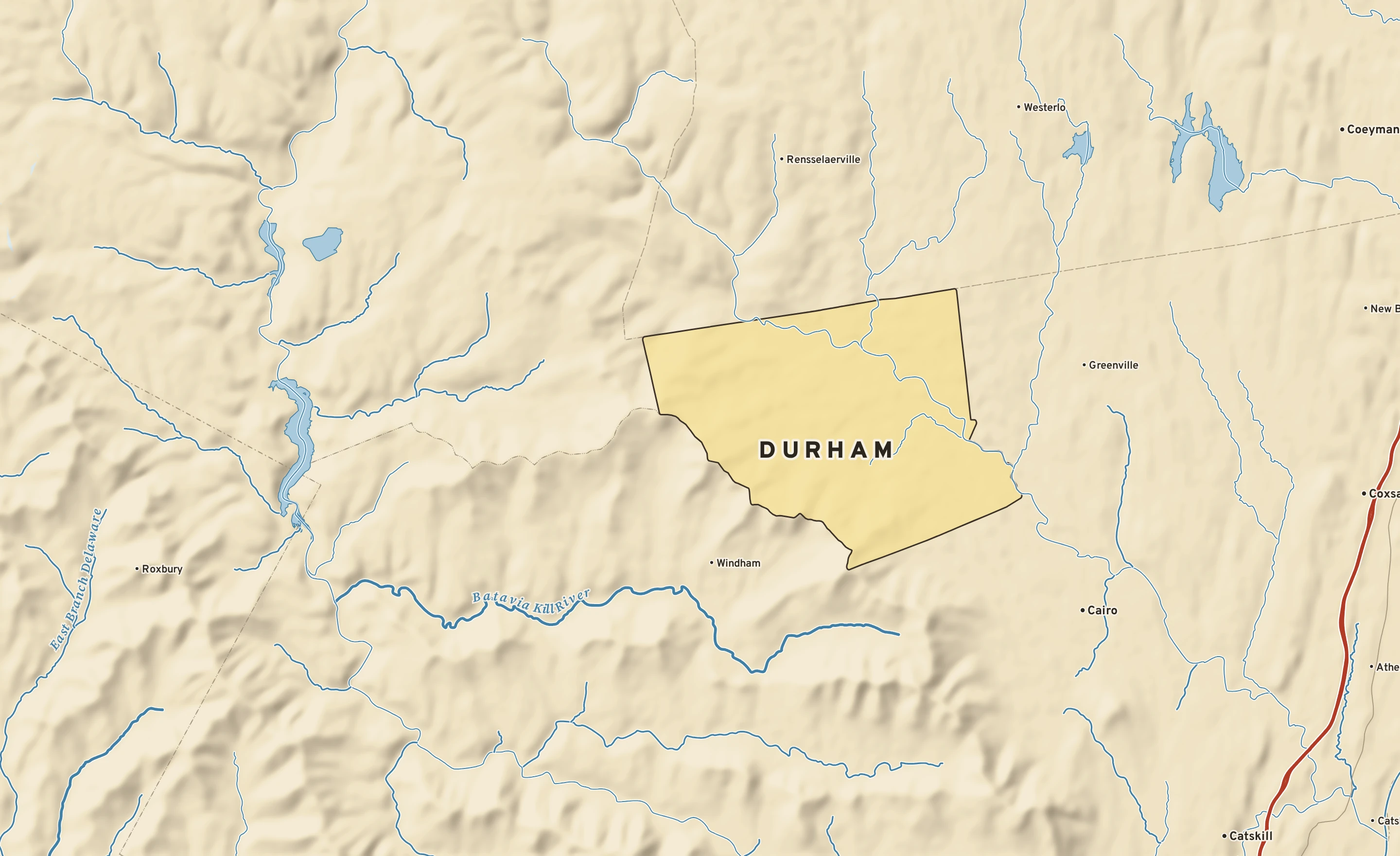 Shaded-relief atlas plate of Durham, New York: rivers, roads, the city limits and where the water drains.