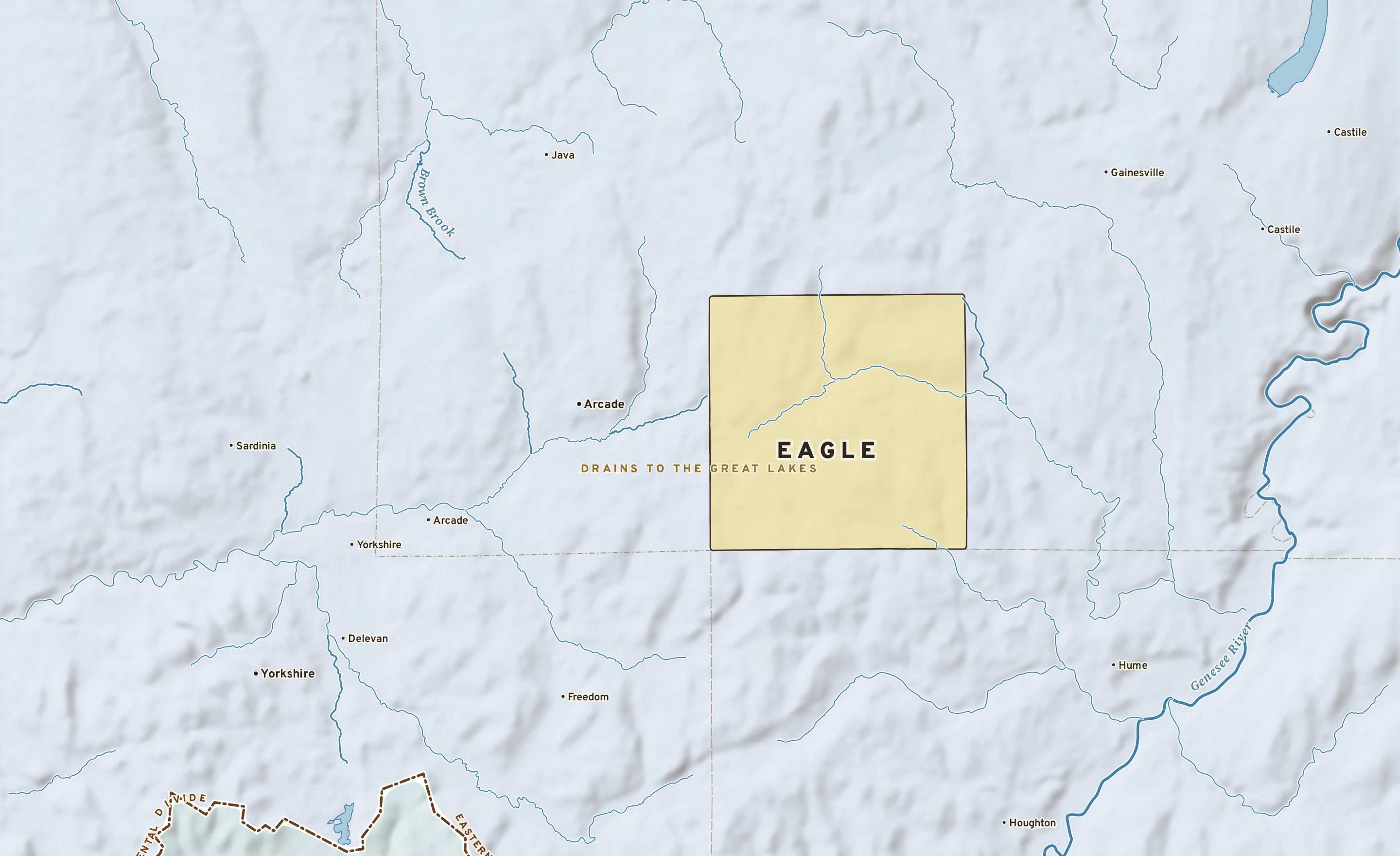 Shaded-relief atlas plate of Eagle, New York: rivers, roads, the city limits and where the water drains.