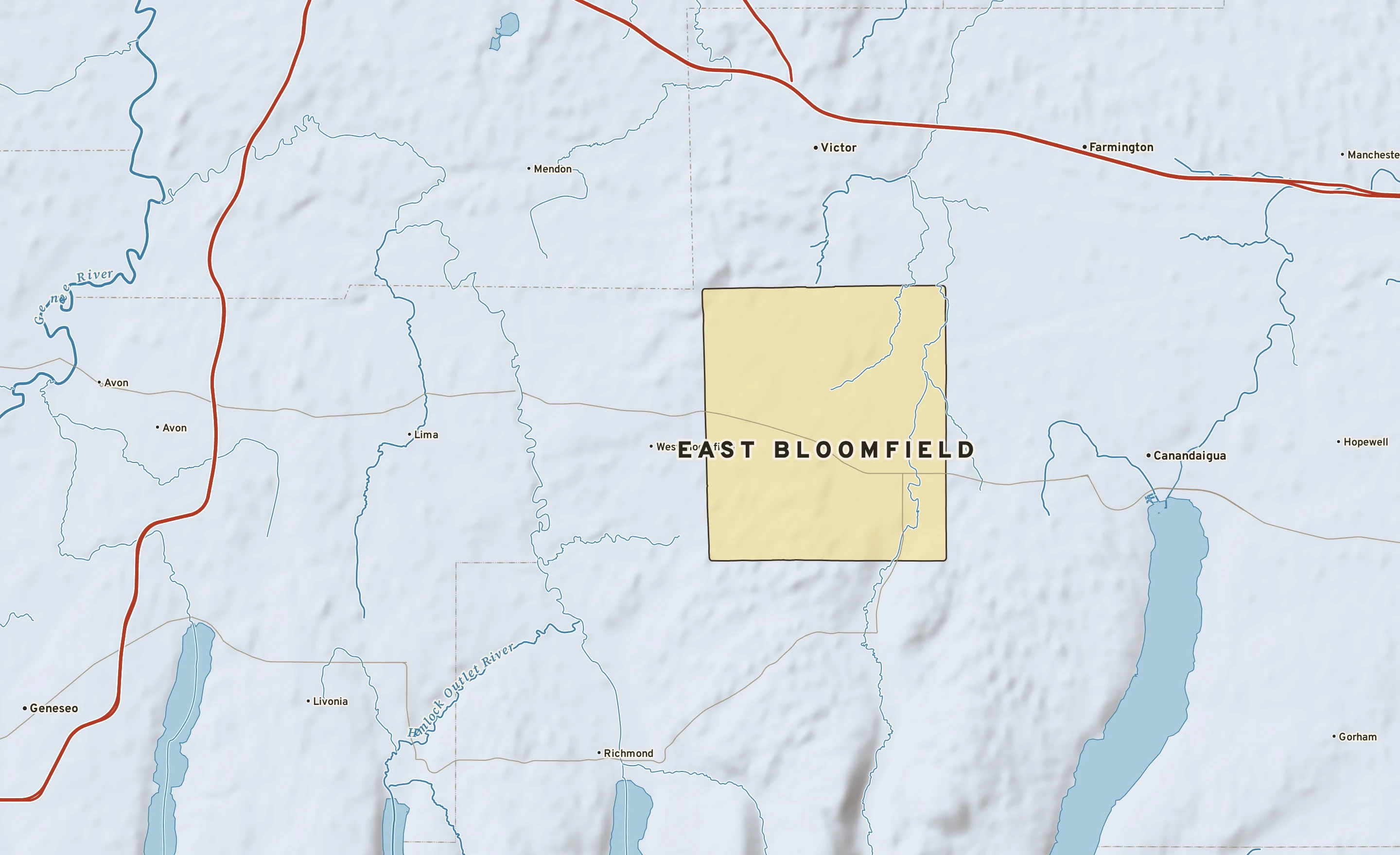 Shaded-relief atlas plate of East Bloomfield, New York: rivers, roads, the city limits and where the water drains.
