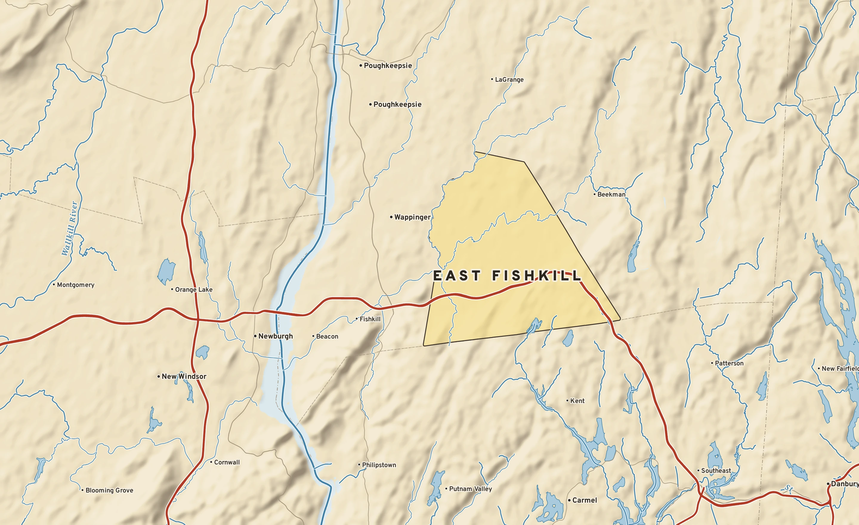 Shaded-relief atlas plate of East Fishkill, New York: rivers, roads, the city limits and where the water drains.