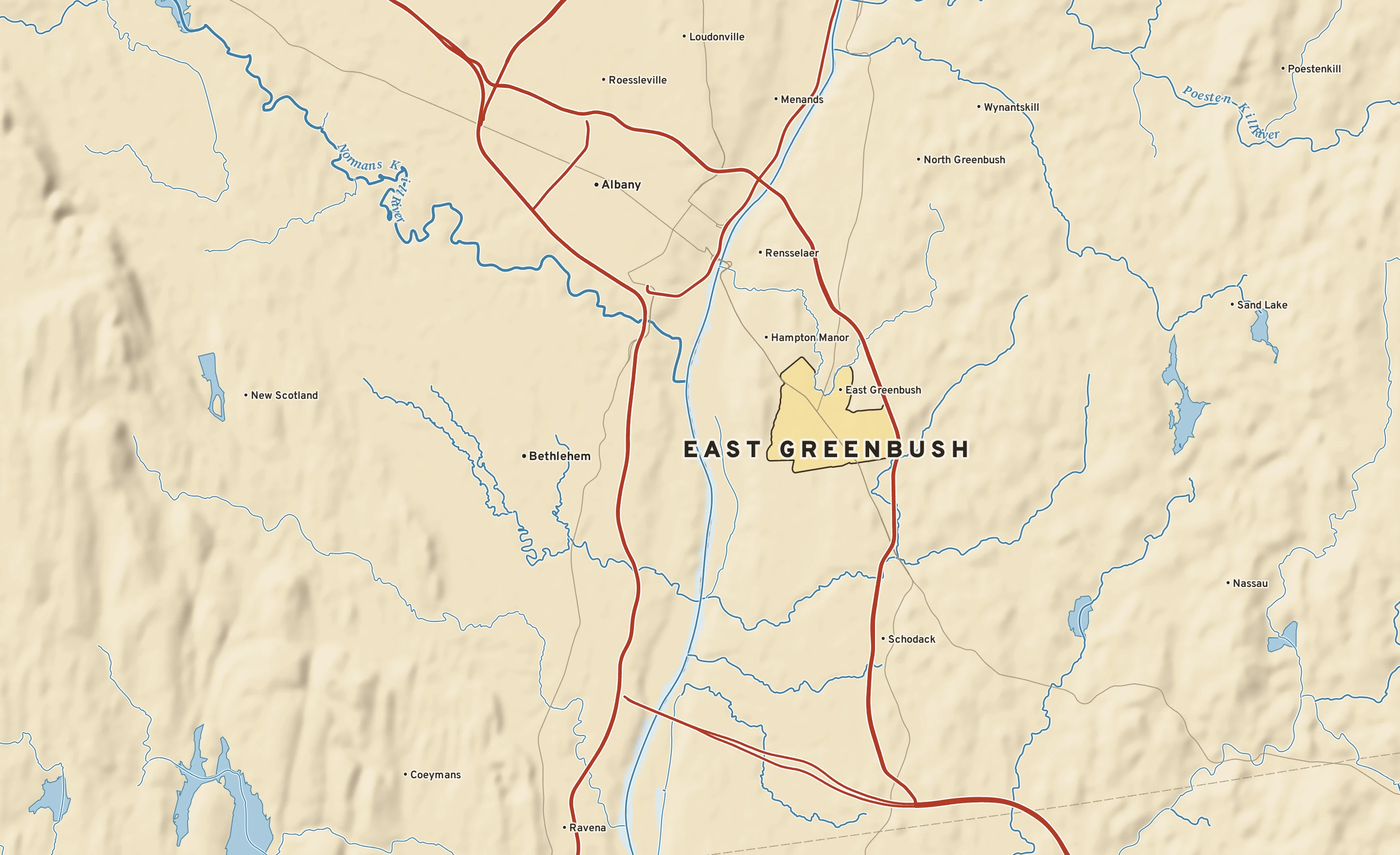 Shaded-relief atlas plate of East Greenbush, New York: rivers, roads, the city limits and where the water drains.