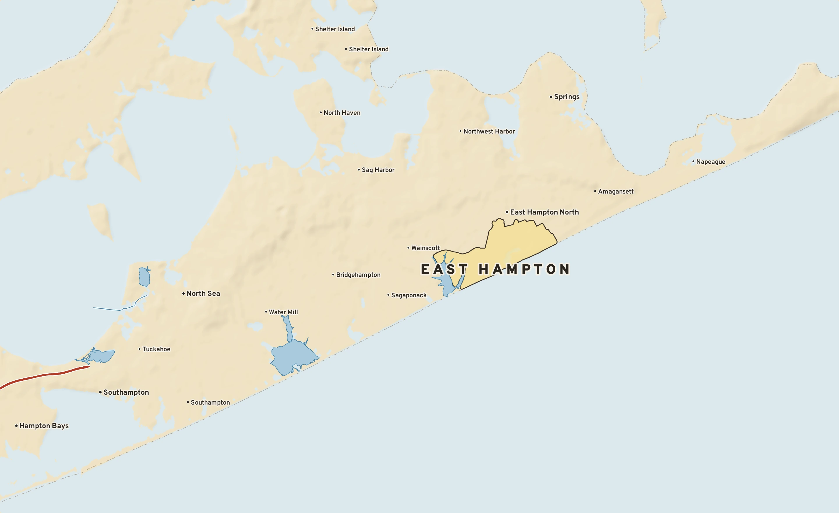 Shaded-relief atlas plate of East Hampton, New York: rivers, roads, the city limits and where the water drains.