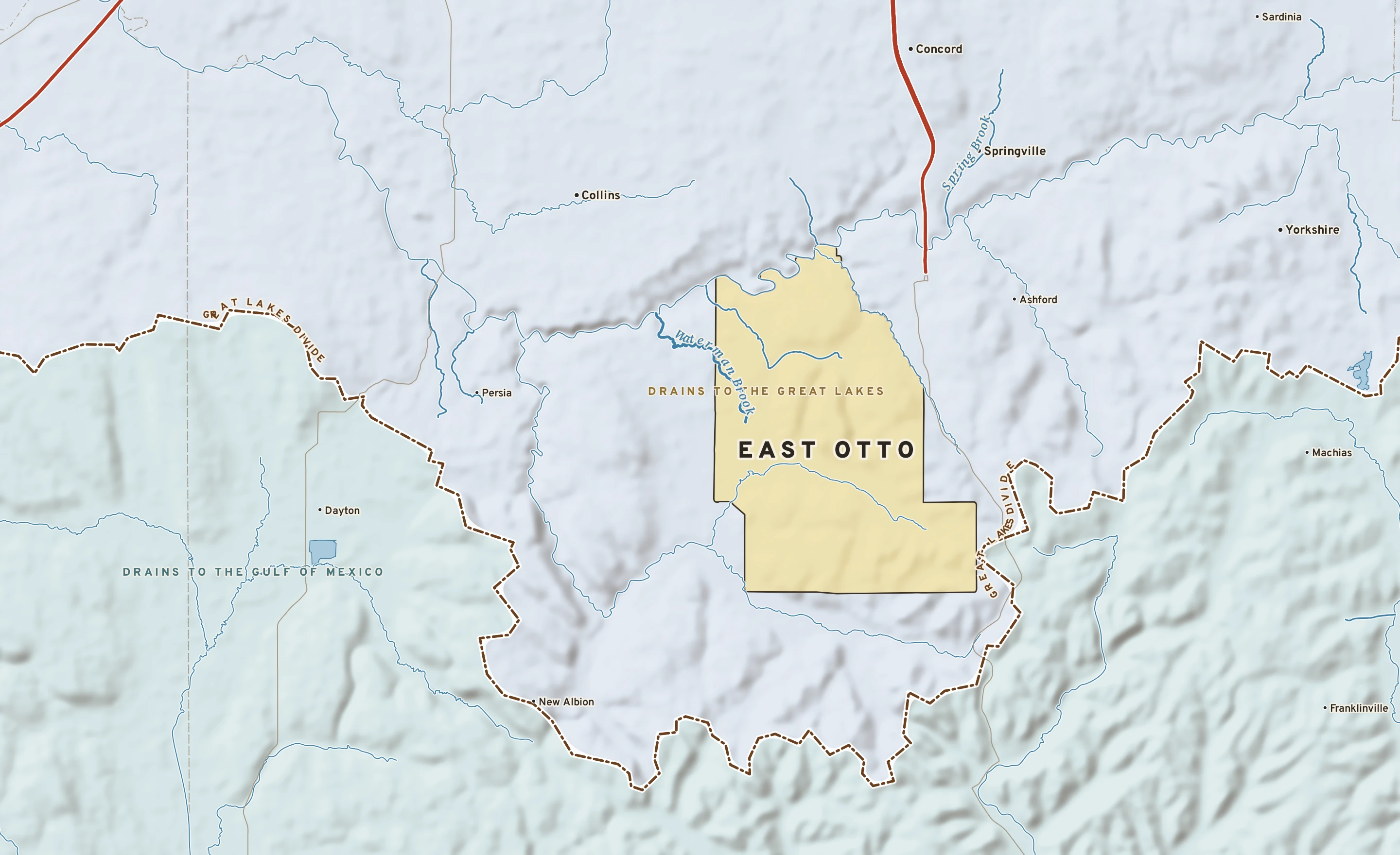 Shaded-relief atlas plate of East Otto, New York: rivers, roads, the city limits and where the water drains.