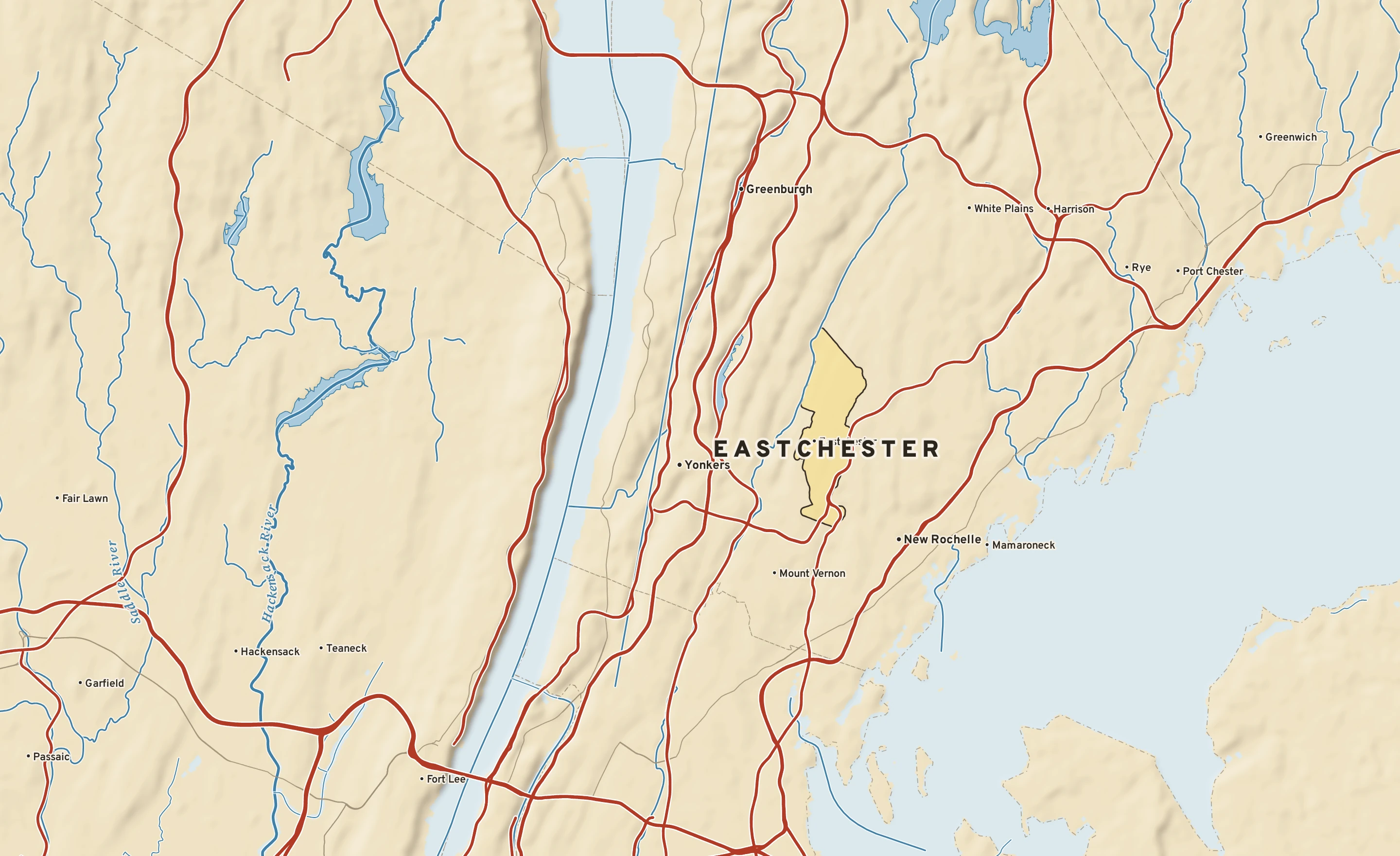 Shaded-relief atlas plate of Eastchester, New York: rivers, roads, the city limits and where the water drains.