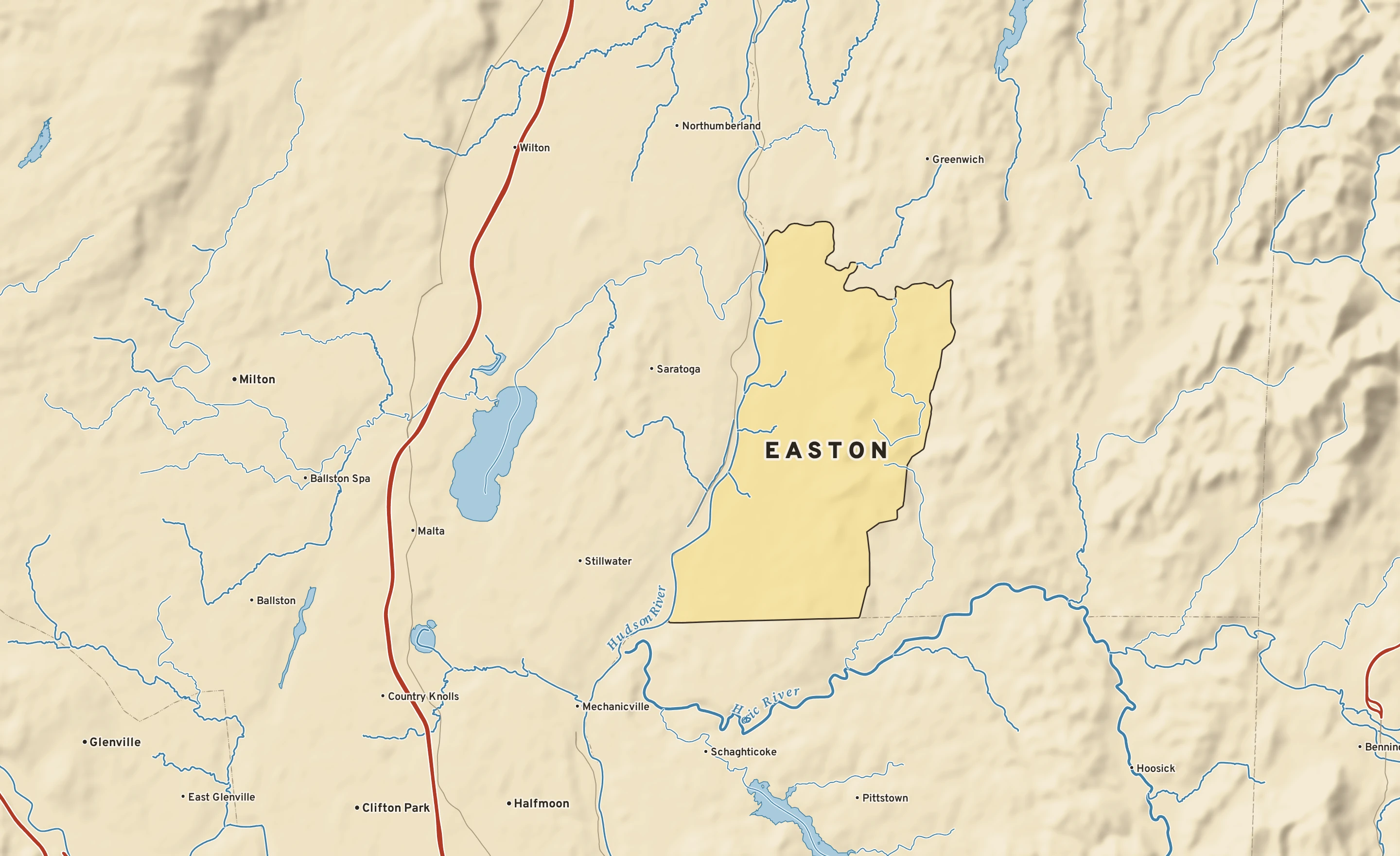 Shaded-relief atlas plate of Easton, New York: rivers, roads, the city limits and where the water drains.
