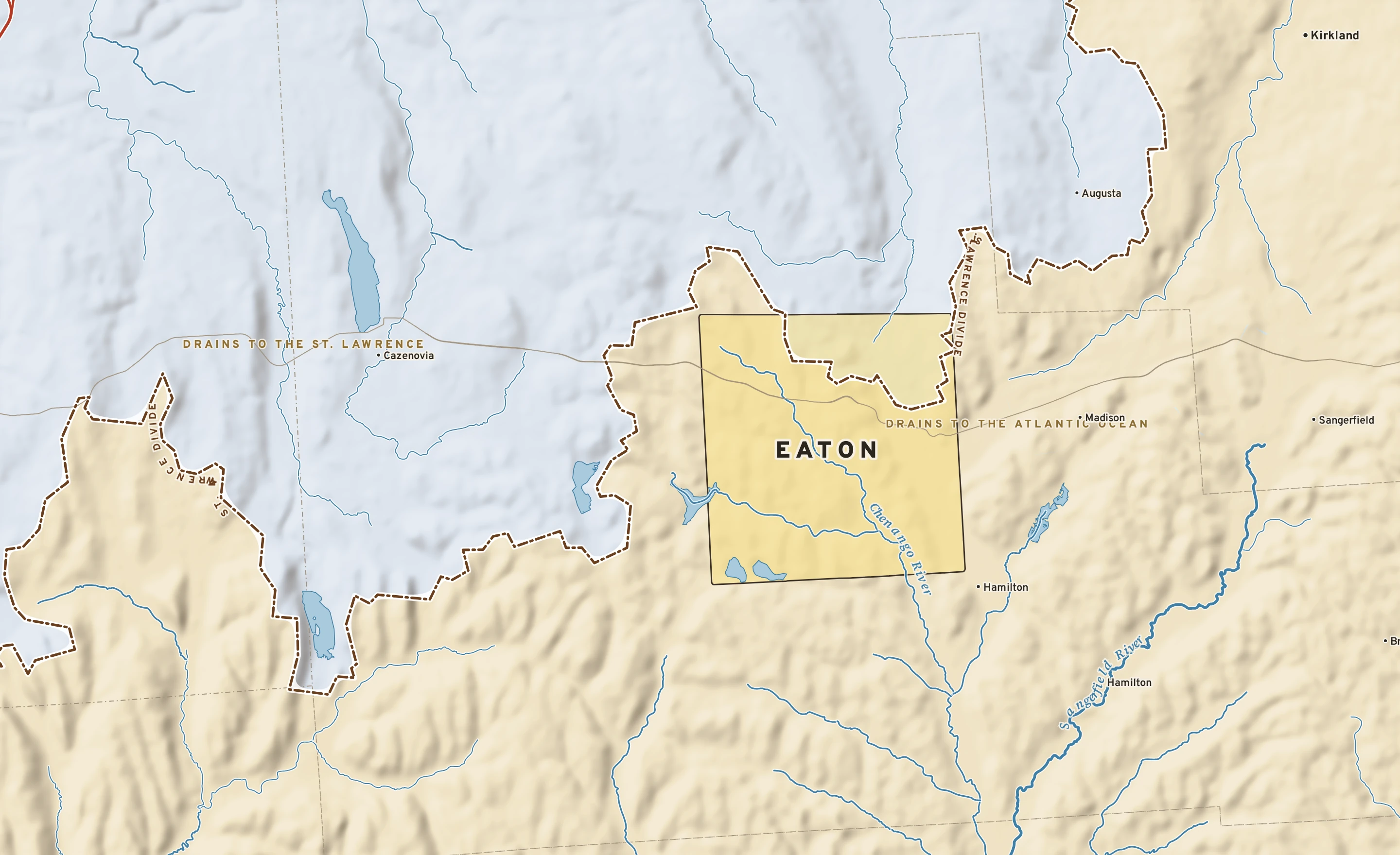 Shaded-relief atlas plate of Eaton, New York: rivers, roads, the city limits and where the water drains.