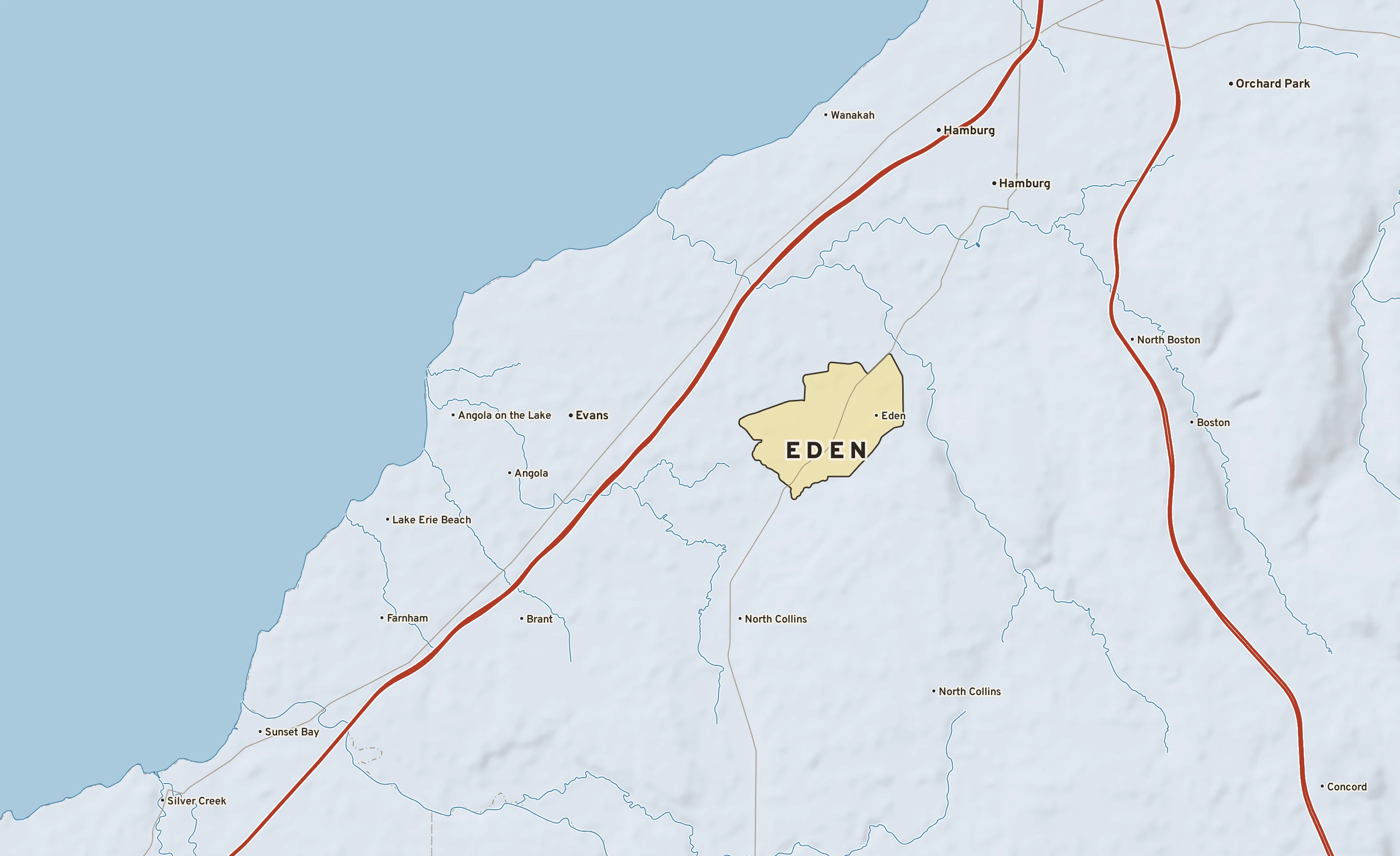 Shaded-relief atlas plate of Eden, New York: rivers, roads, the city limits and where the water drains.