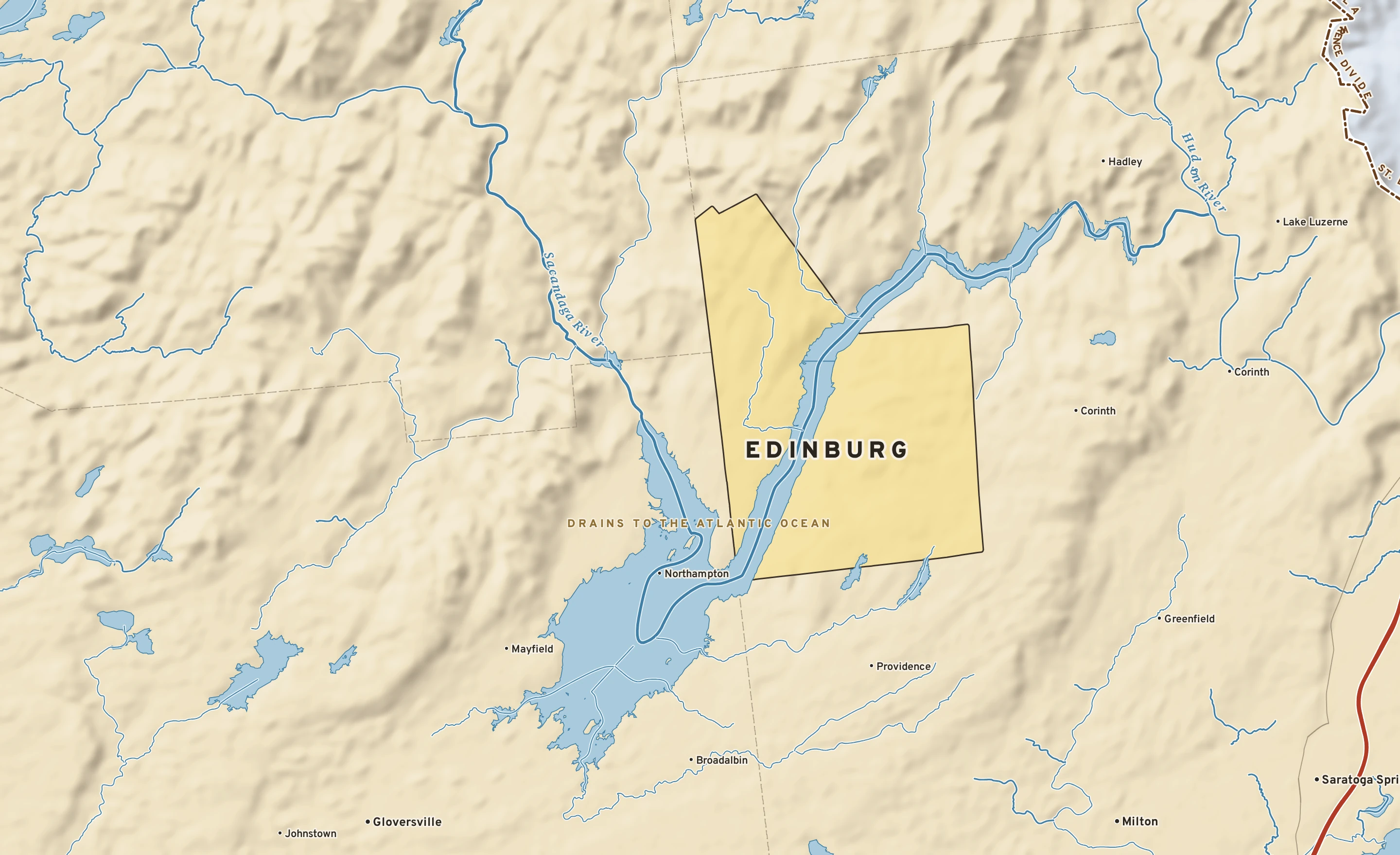 Shaded-relief atlas plate of Edinburg, New York: rivers, roads, the city limits and where the water drains.