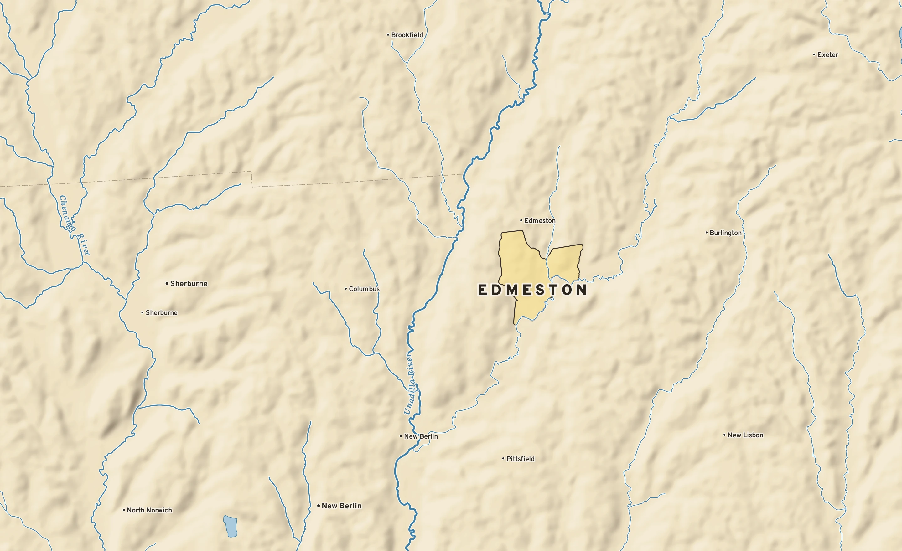 Shaded-relief atlas plate of Edmeston, New York: rivers, roads, the city limits and where the water drains.