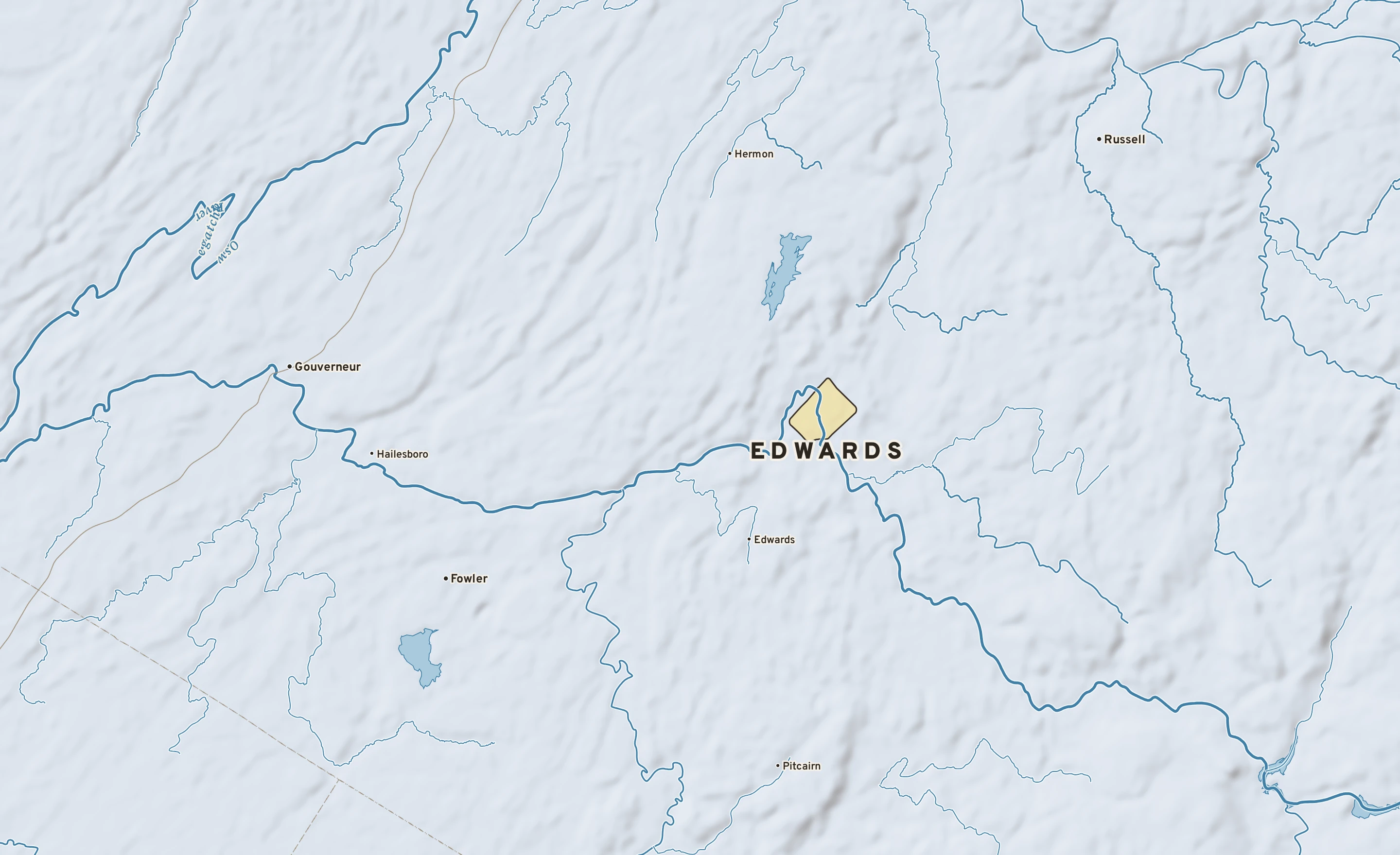 Shaded-relief atlas plate of Edwards, New York: rivers, roads, the city limits and where the water drains.
