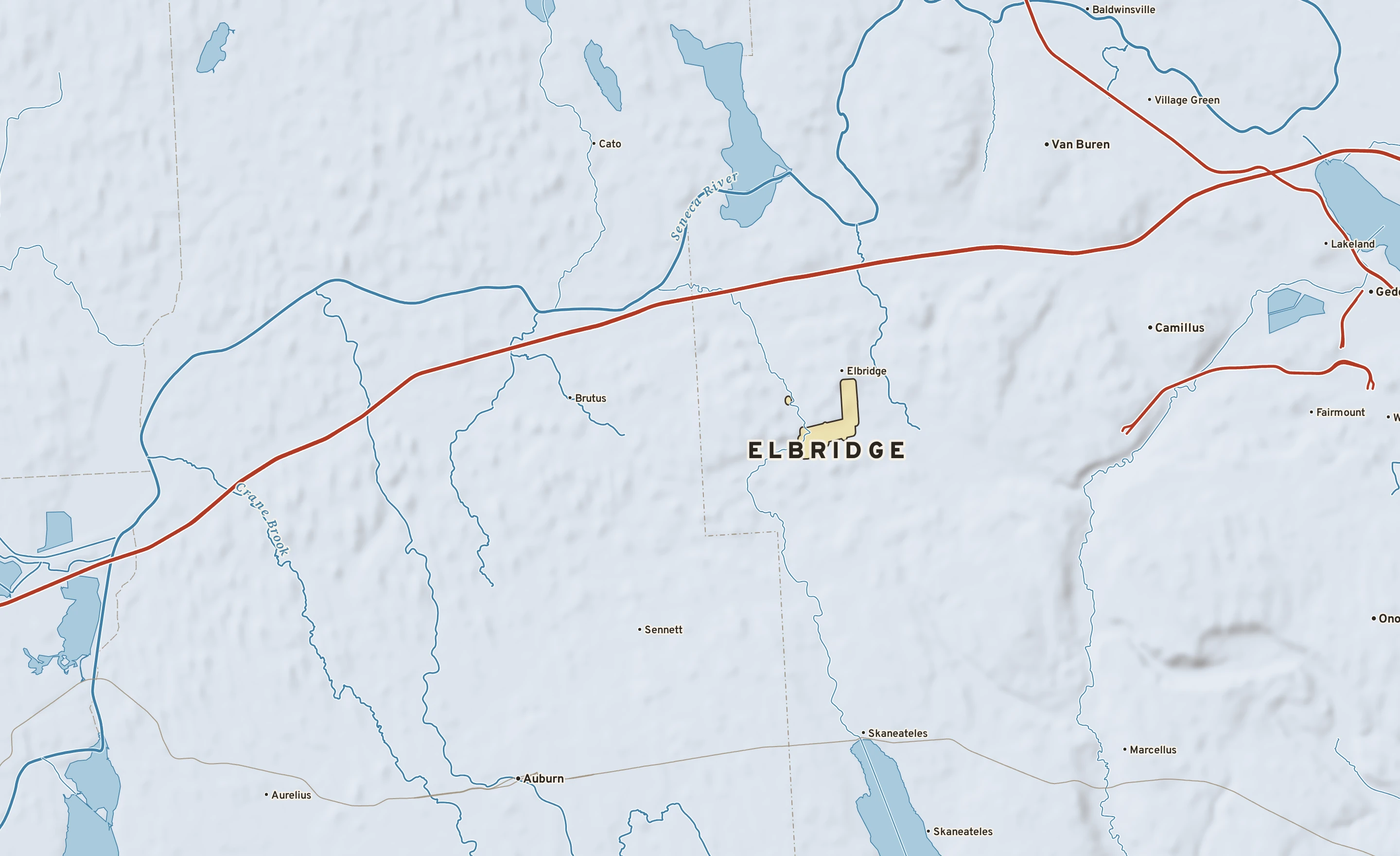 Shaded-relief atlas plate of Elbridge, New York: rivers, roads, the city limits and where the water drains.