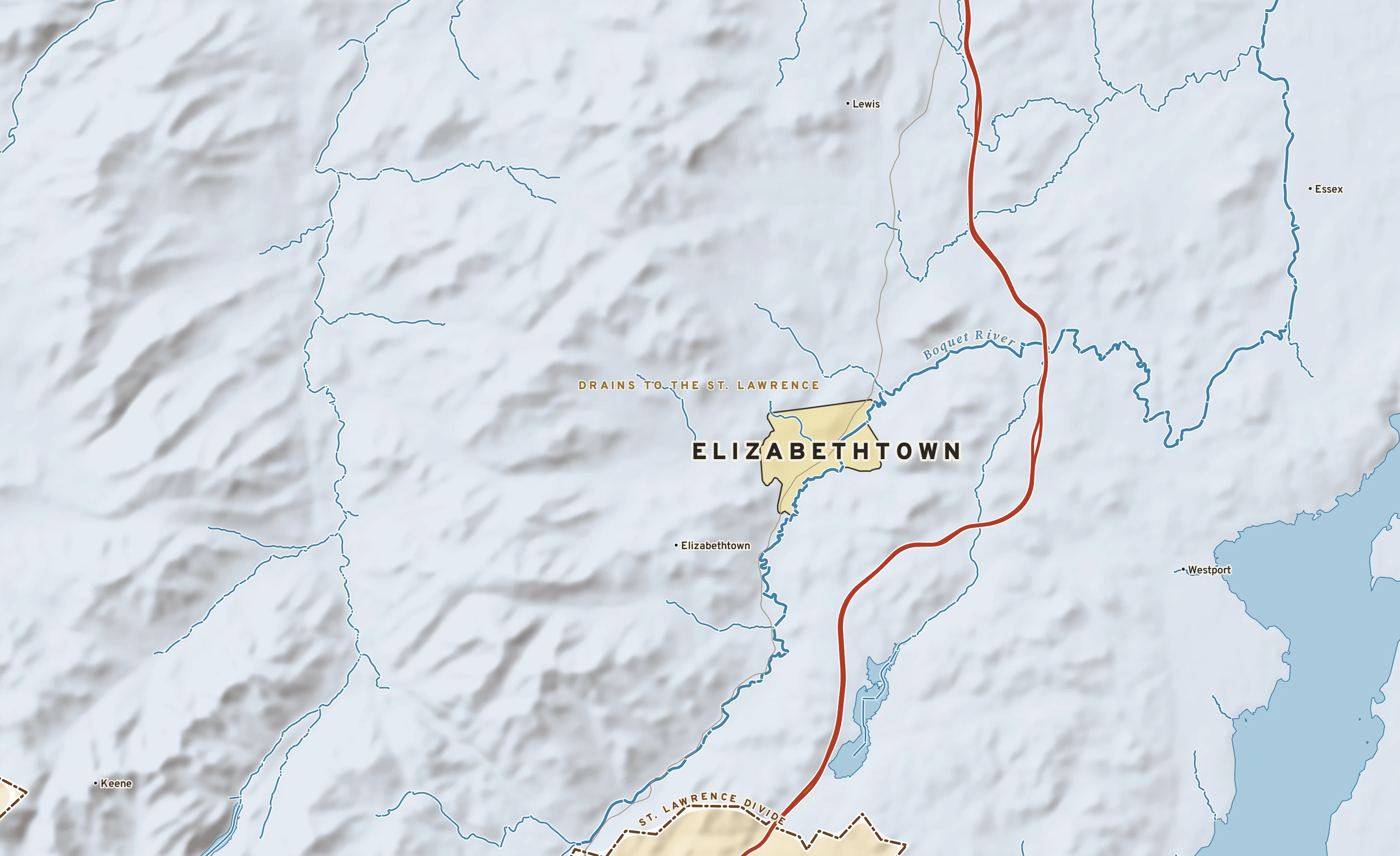 Shaded-relief atlas plate of Elizabethtown, New York: rivers, roads, the city limits and where the water drains.