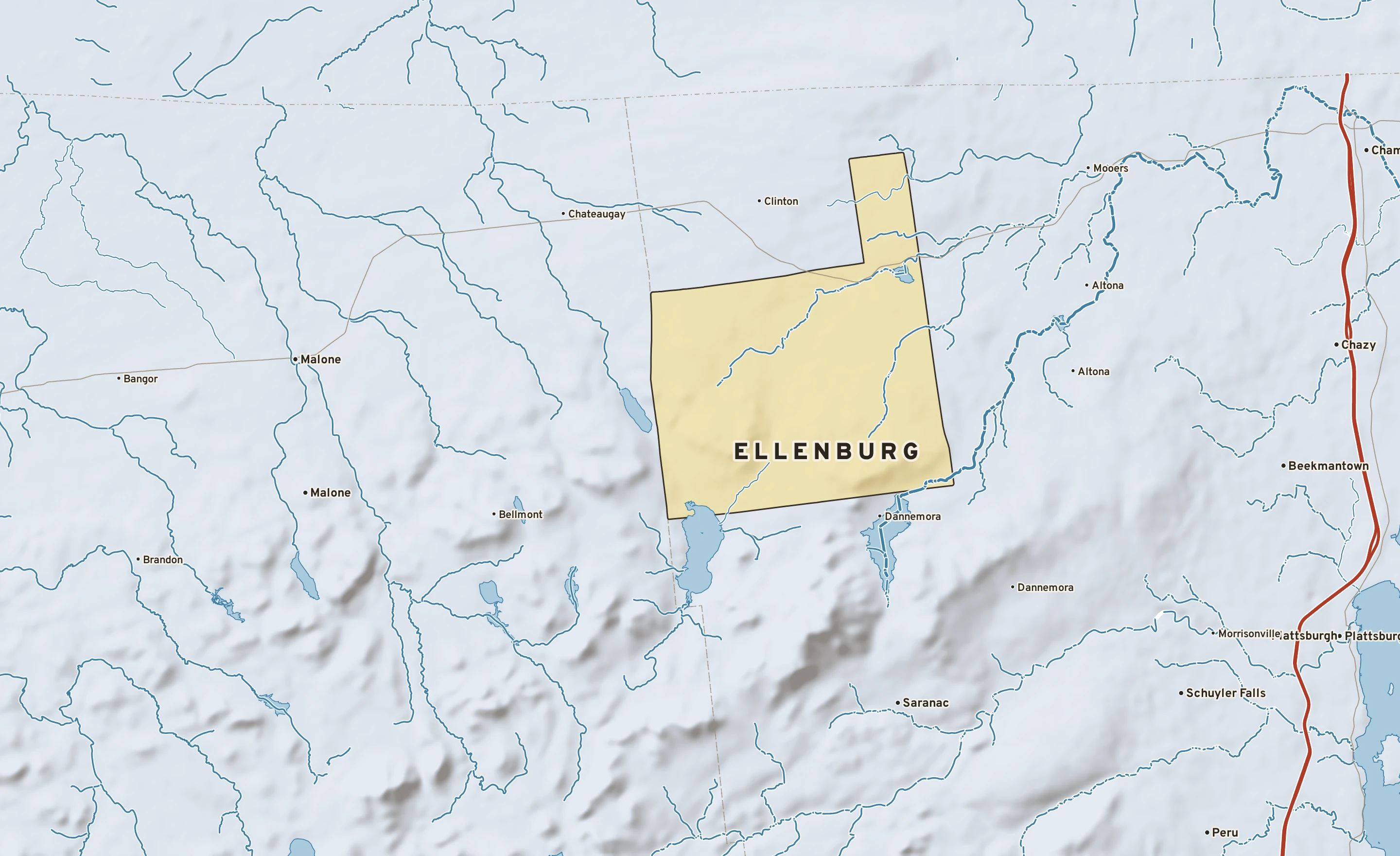 Shaded-relief atlas plate of Ellenburg, New York: rivers, roads, the city limits and where the water drains.