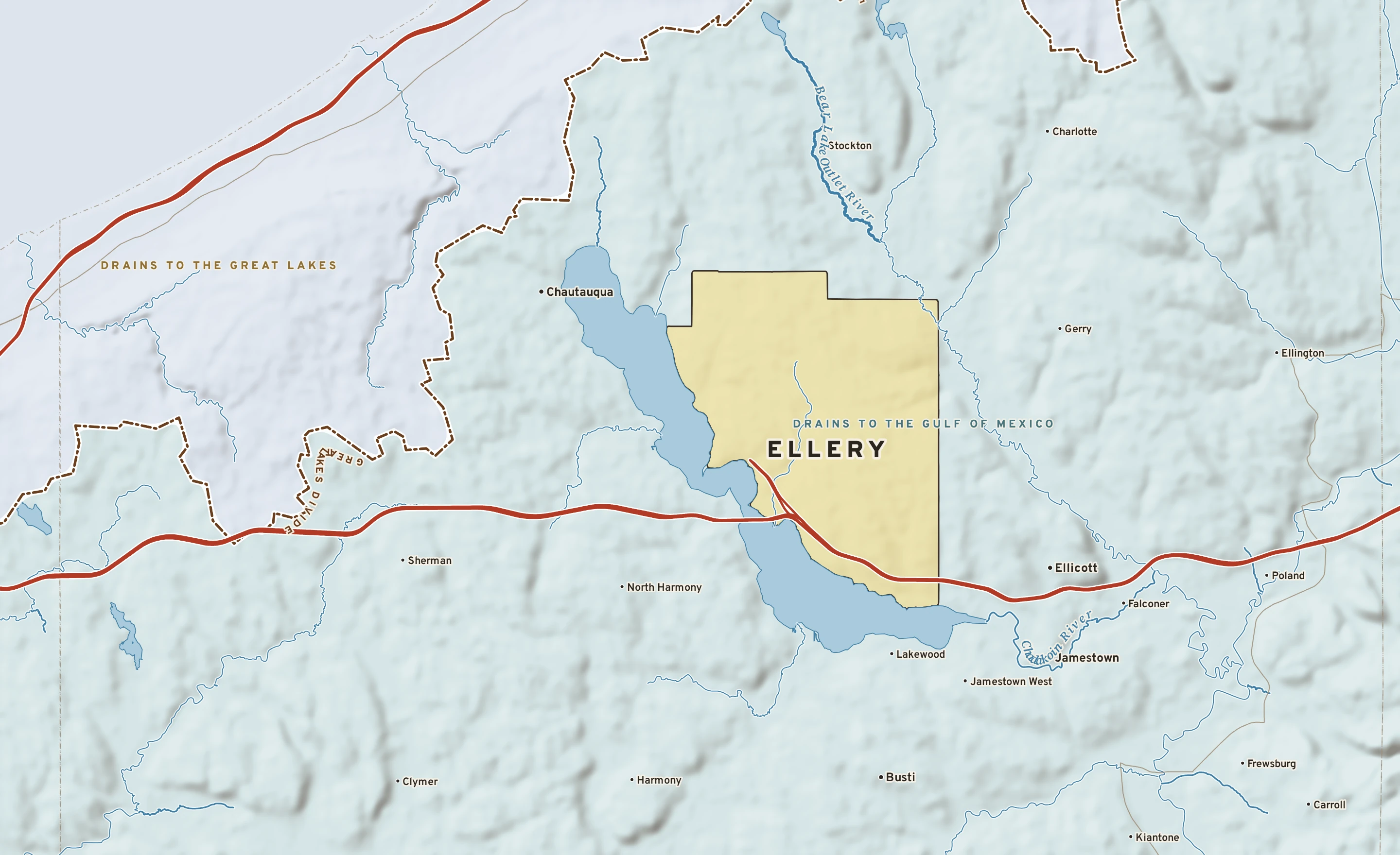 Shaded-relief atlas plate of Ellery, New York: rivers, roads, the city limits and where the water drains.
