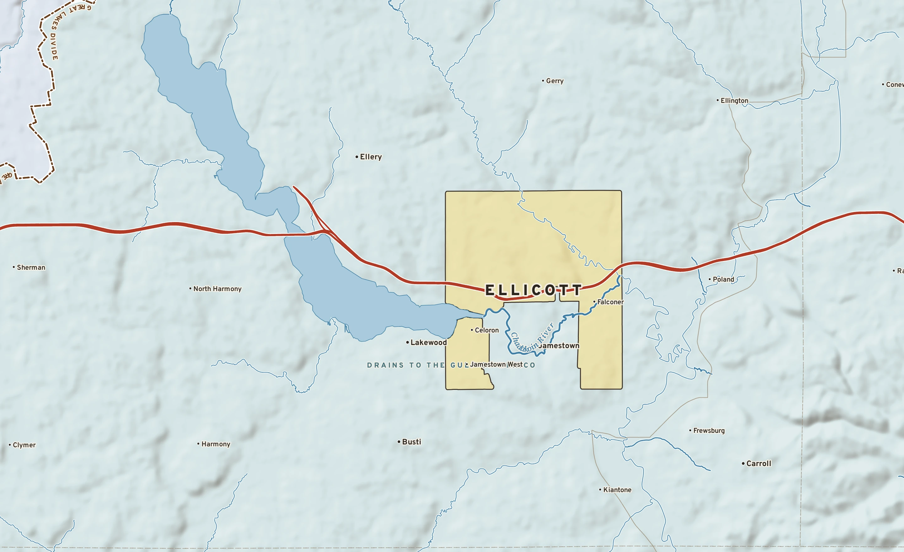 Shaded-relief atlas plate of Ellicott, New York: rivers, roads, the city limits and where the water drains.