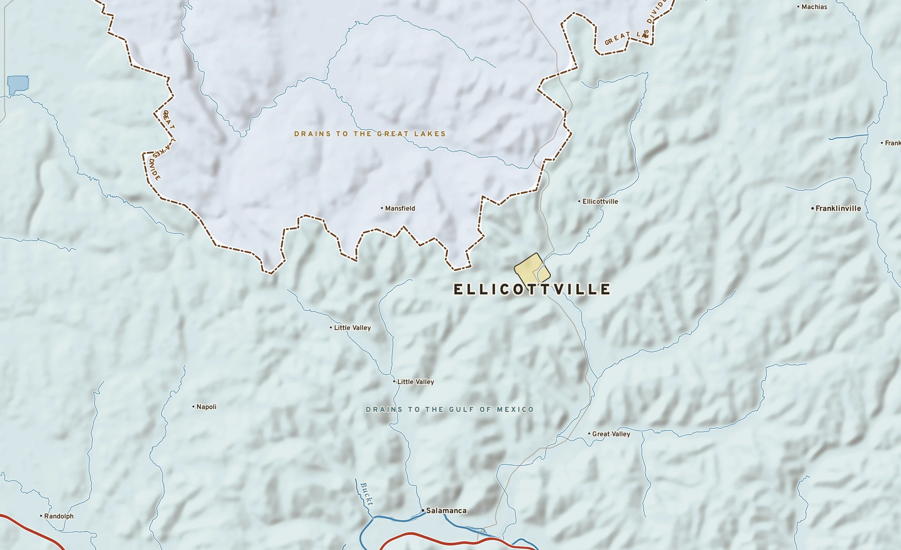 Shaded-relief atlas plate of Ellicottville, New York: rivers, roads, the city limits and where the water drains.