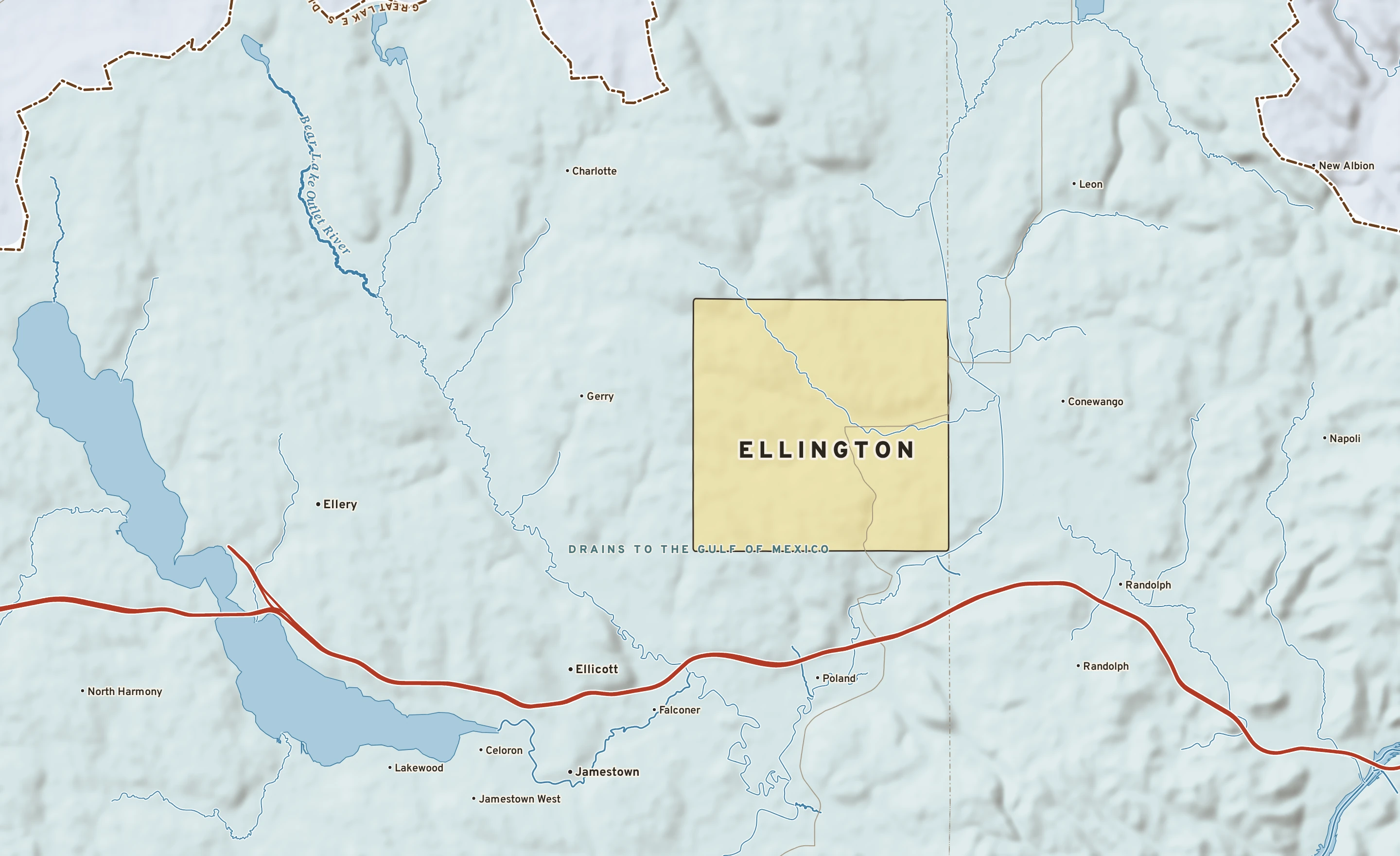 Shaded-relief atlas plate of Ellington, New York: rivers, roads, the city limits and where the water drains.