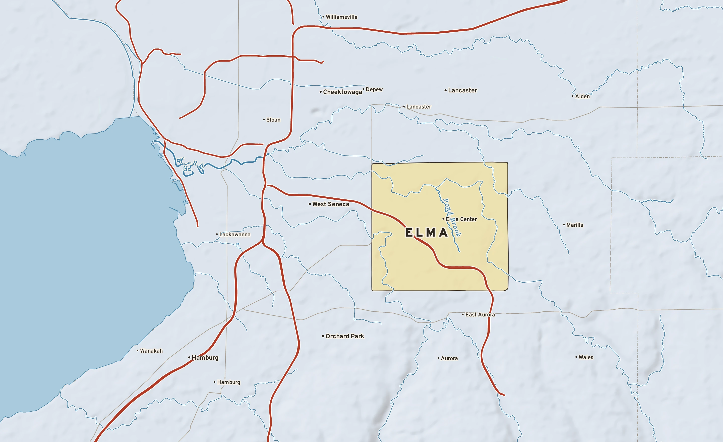 Shaded-relief atlas plate of Elma, New York: rivers, roads, the city limits and where the water drains.