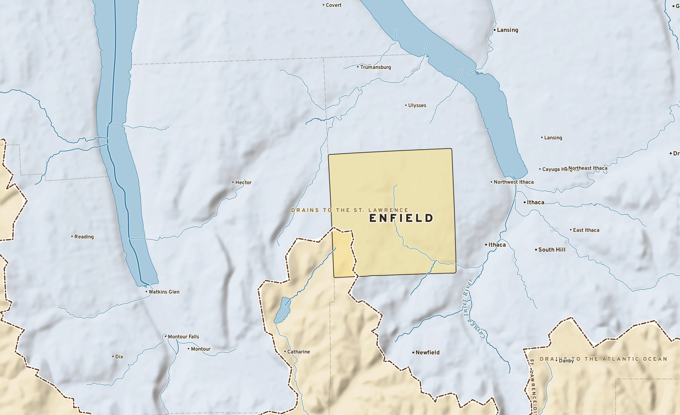 Shaded-relief atlas plate of Enfield, New York: rivers, roads, the city limits and where the water drains.