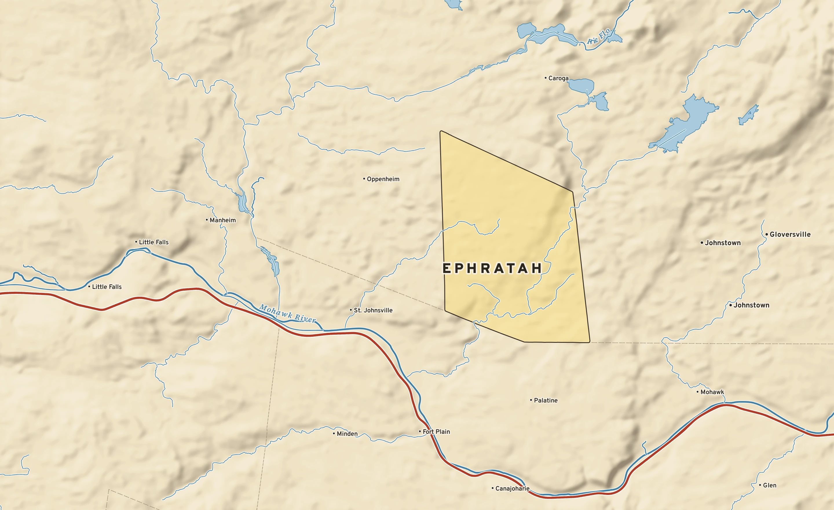 Shaded-relief atlas plate of Ephratah, New York: rivers, roads, the city limits and where the water drains.