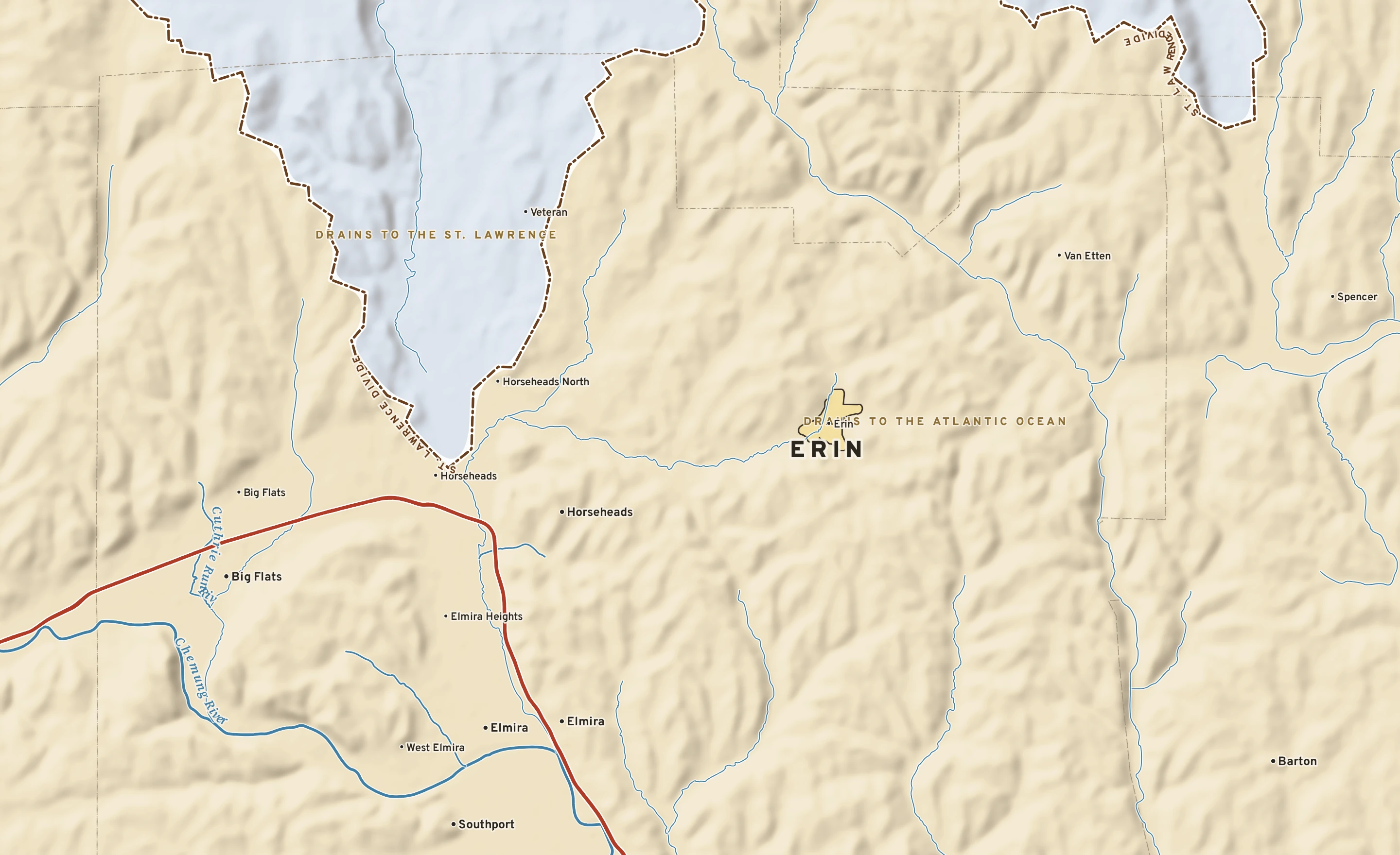 Shaded-relief atlas plate of Erin, New York: rivers, roads, the city limits and where the water drains.