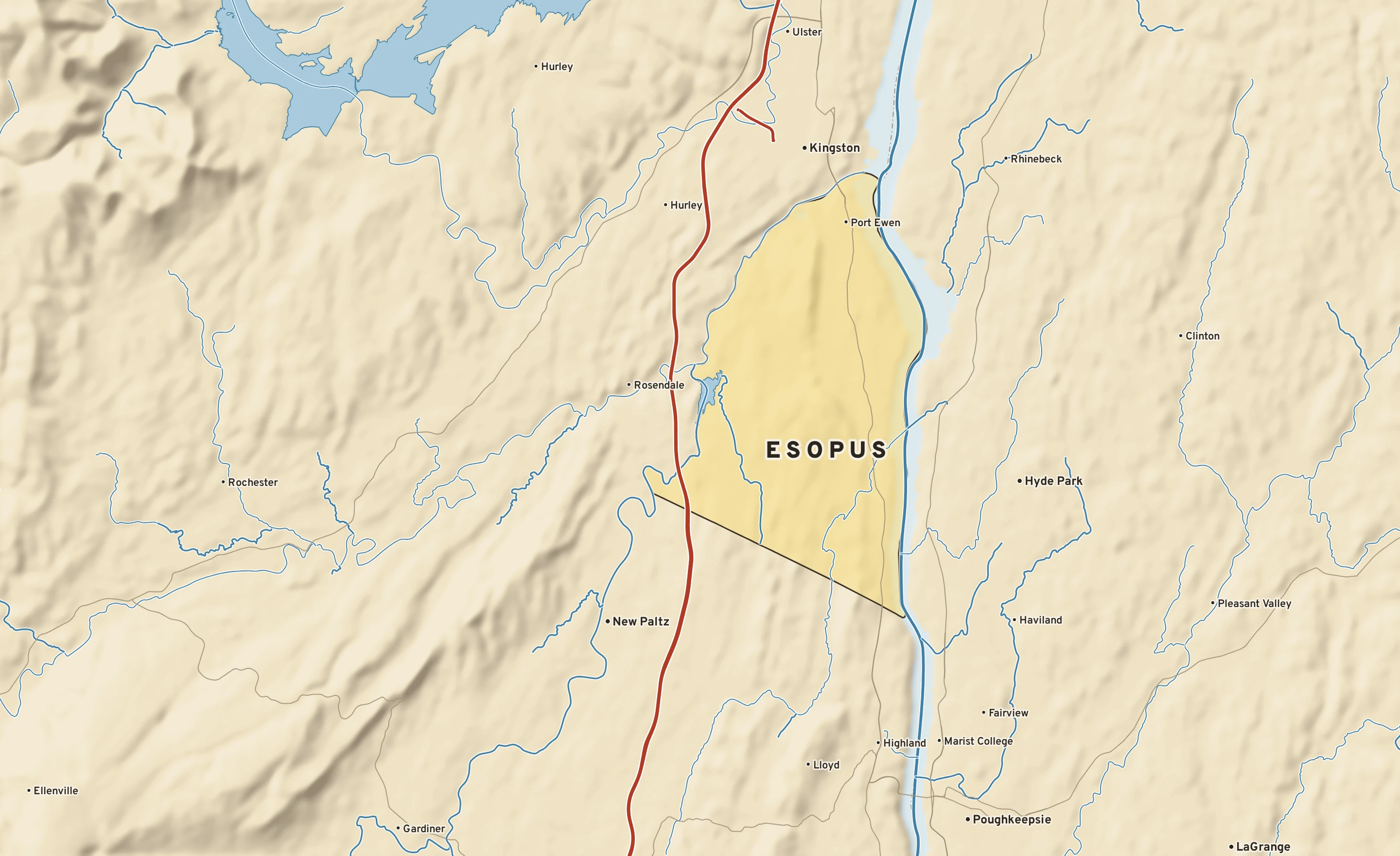 Shaded-relief atlas plate of Esopus, New York: rivers, roads, the city limits and where the water drains.