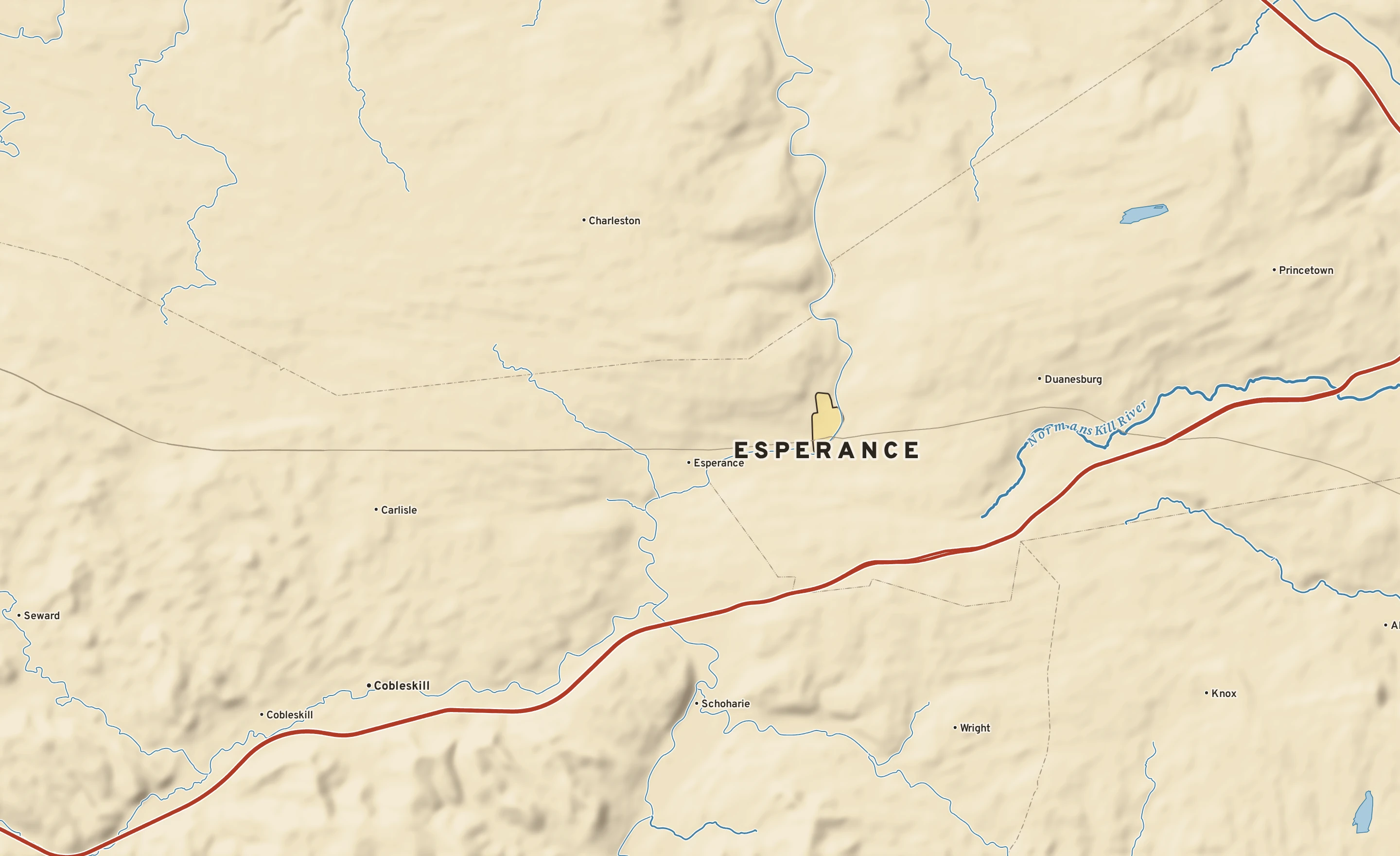 Shaded-relief atlas plate of Esperance, New York: rivers, roads, the city limits and where the water drains.