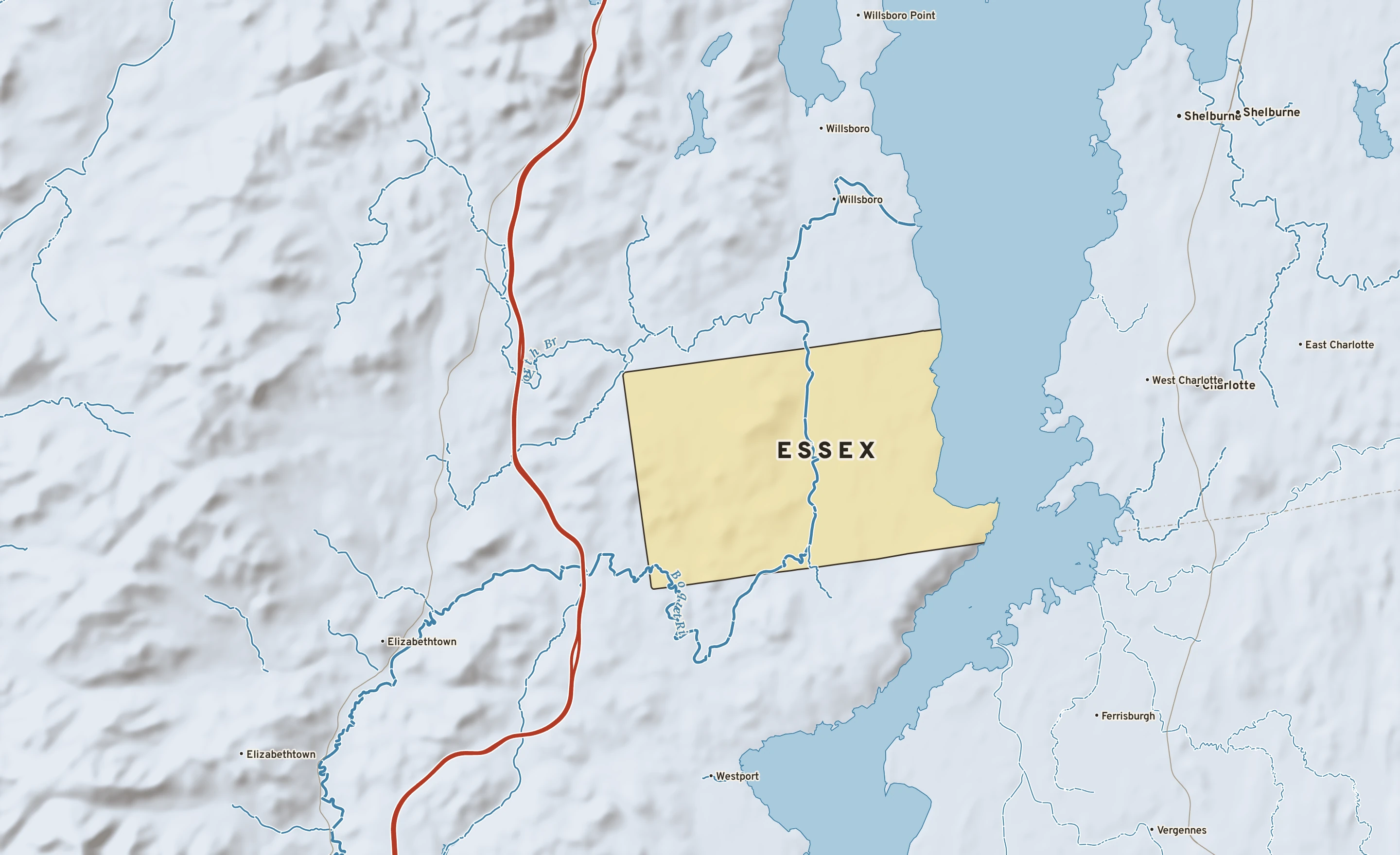 Shaded-relief atlas plate of Essex, New York: rivers, roads, the city limits and where the water drains.