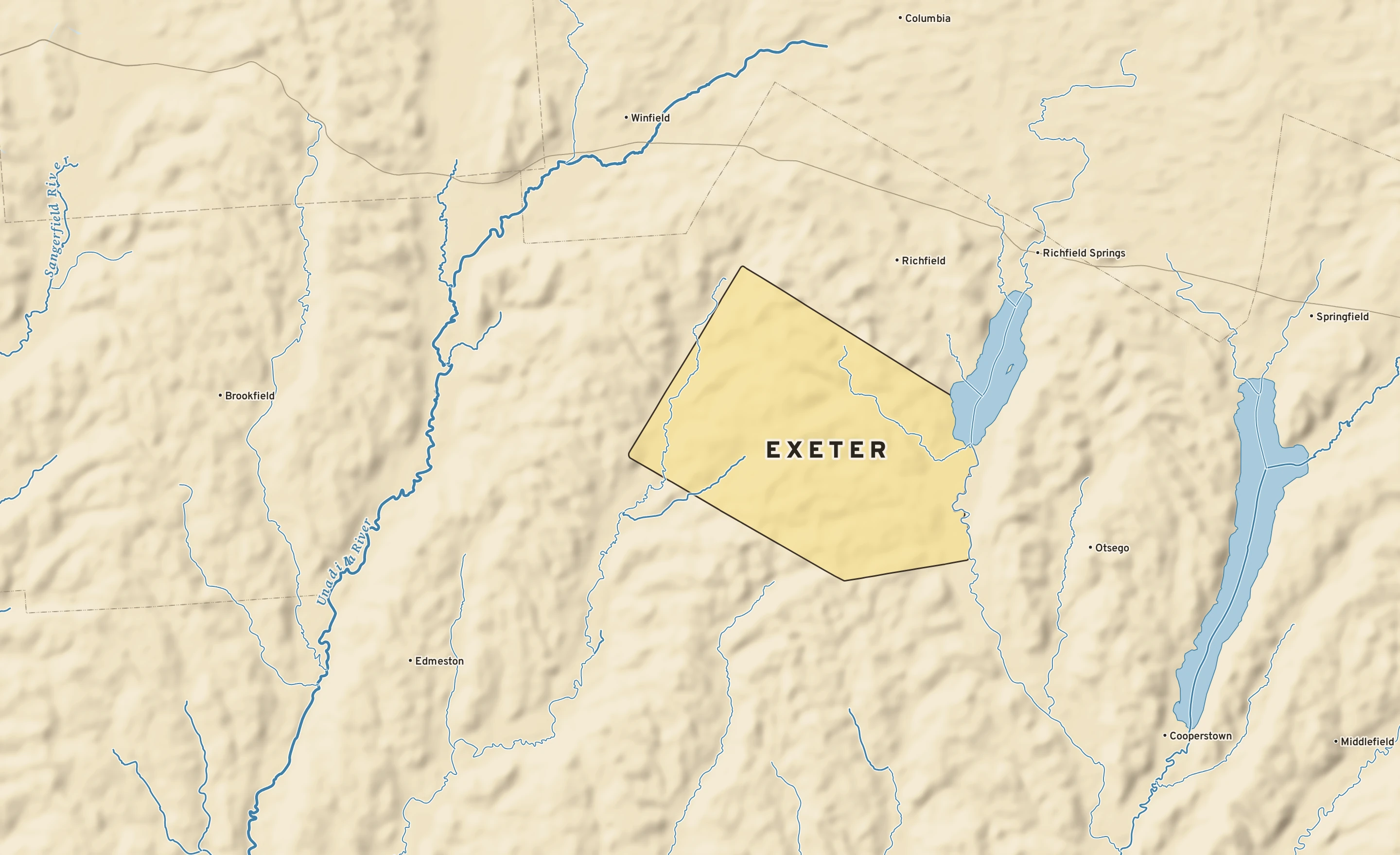 Shaded-relief atlas plate of Exeter, New York: rivers, roads, the city limits and where the water drains.