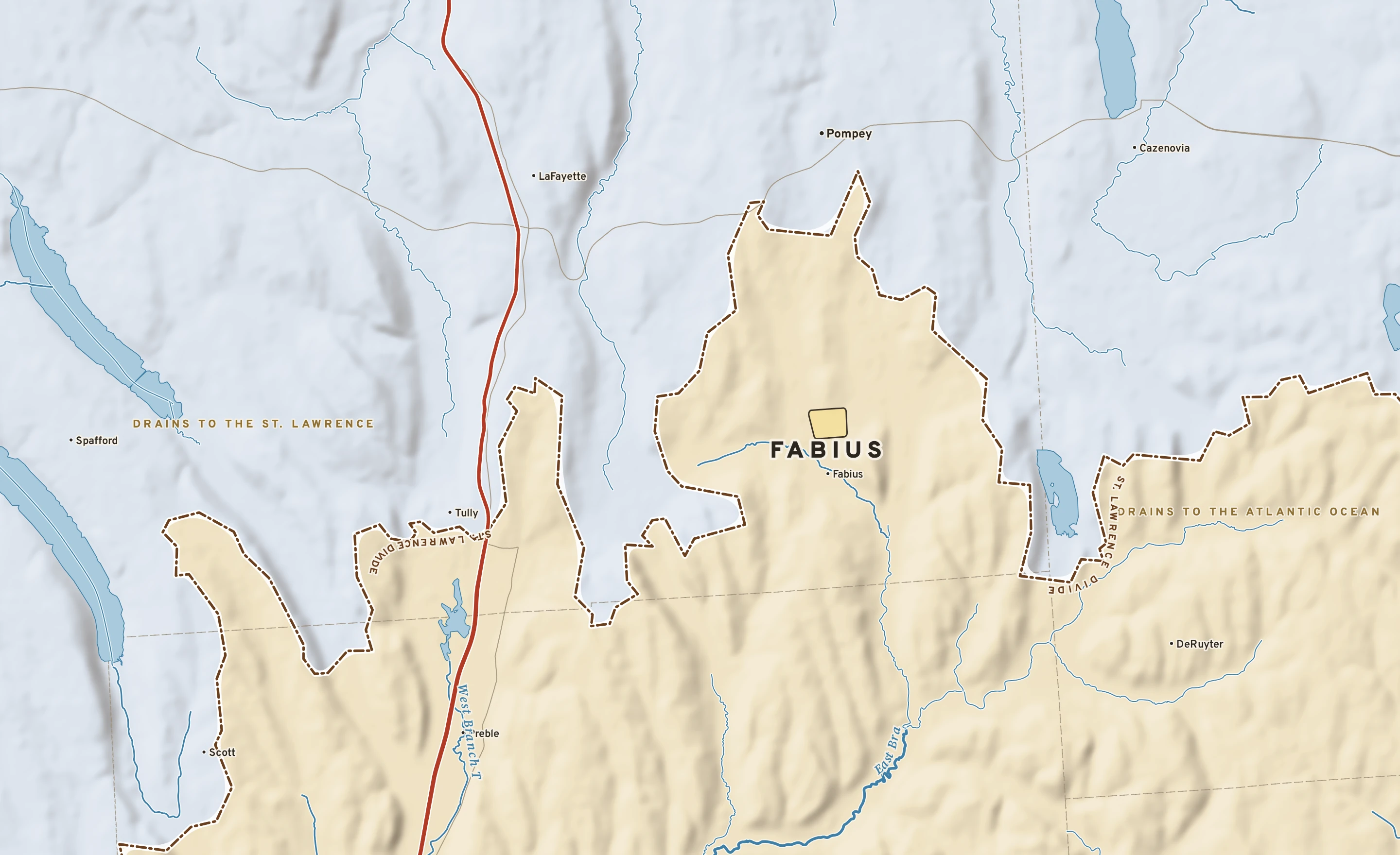 Shaded-relief atlas plate of Fabius, New York: rivers, roads, the city limits and where the water drains.