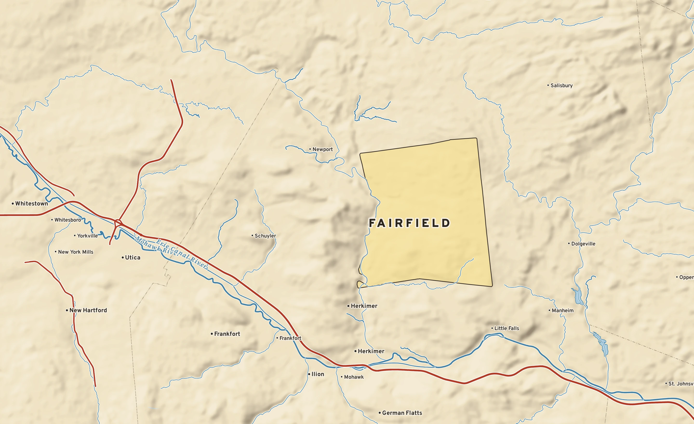 Shaded-relief atlas plate of Fairfield, New York: rivers, roads, the city limits and where the water drains.