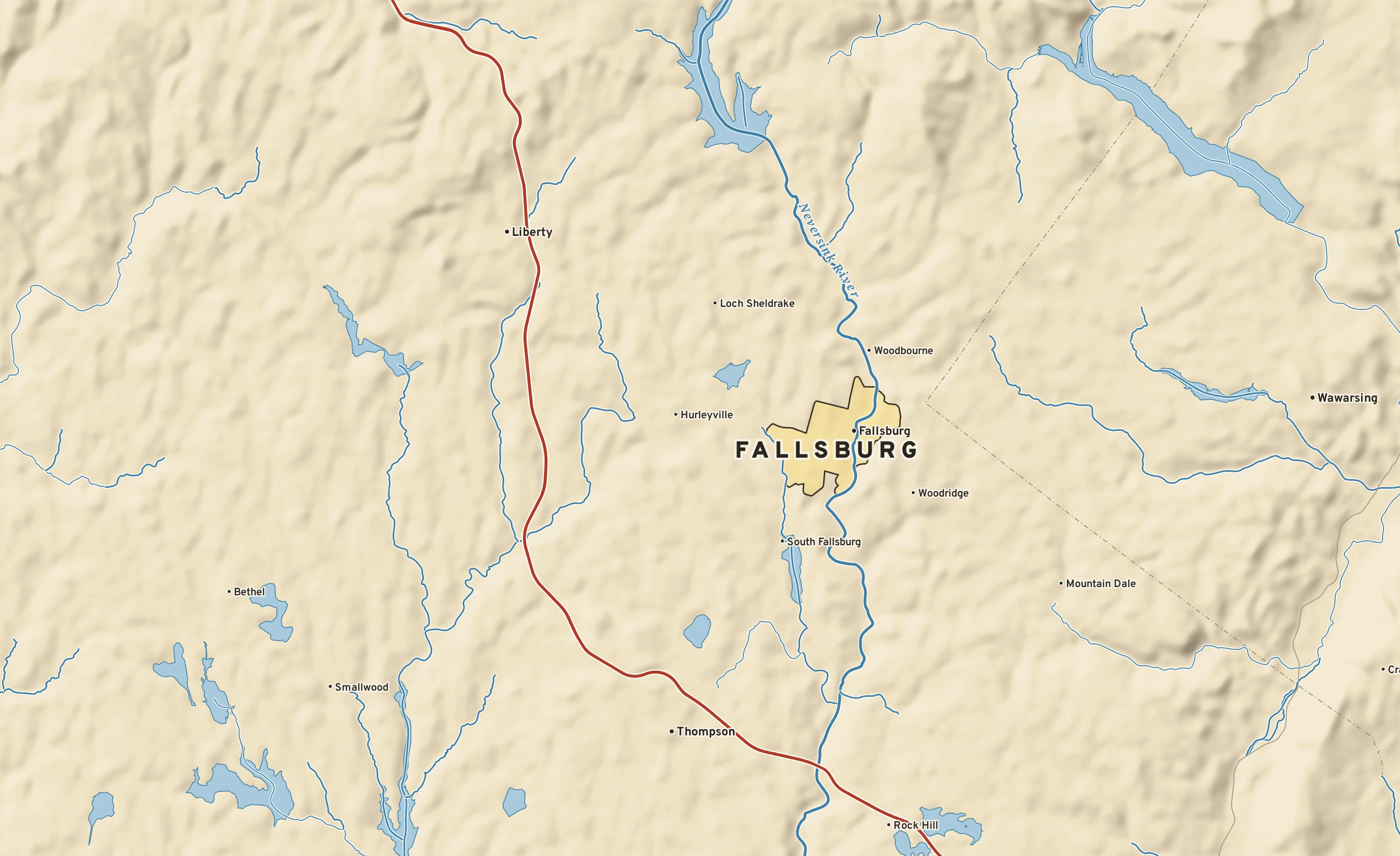 Shaded-relief atlas plate of Fallsburg, New York: rivers, roads, the city limits and where the water drains.