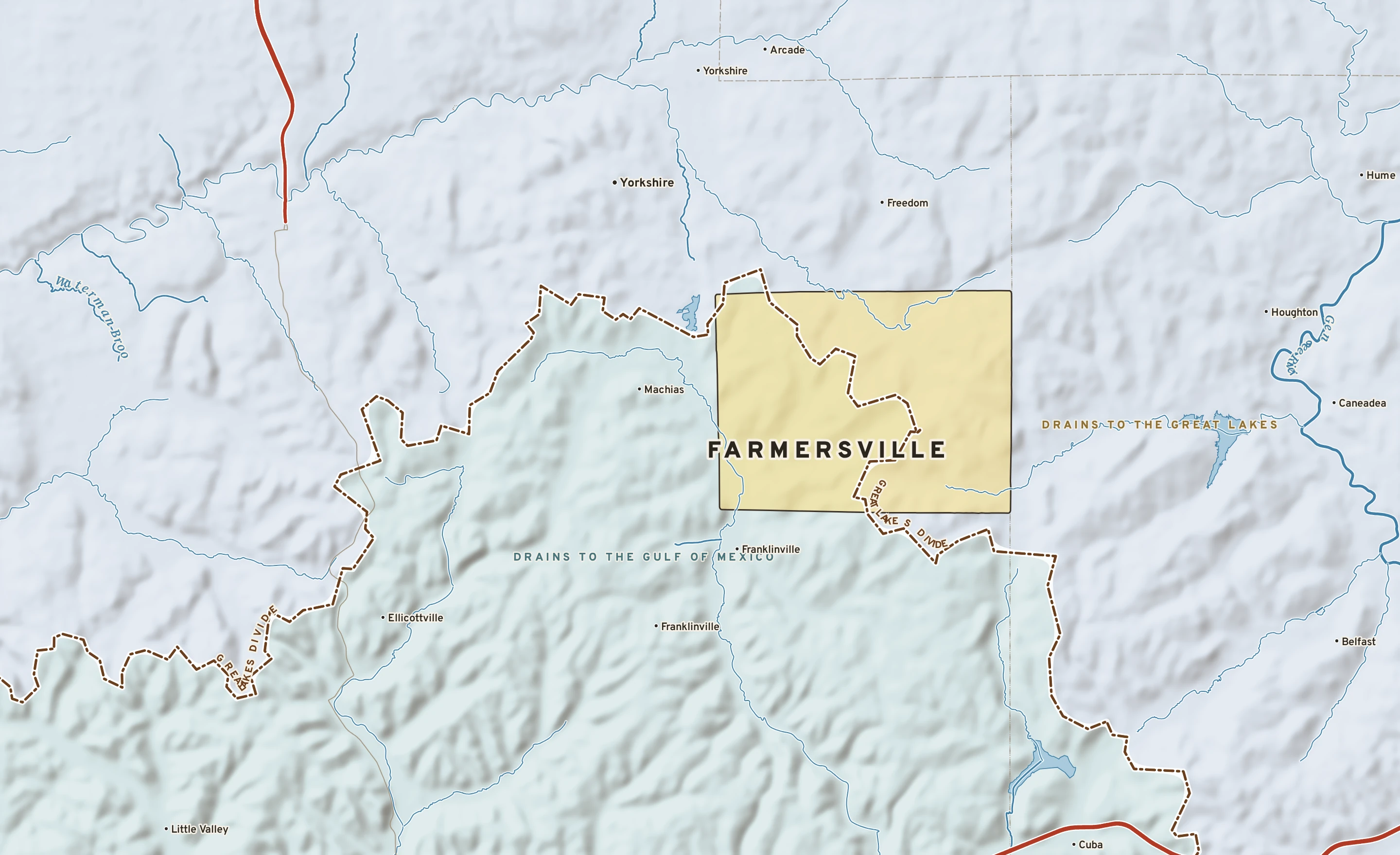 Shaded-relief atlas plate of Farmersville, New York: rivers, roads, the city limits and where the water drains.