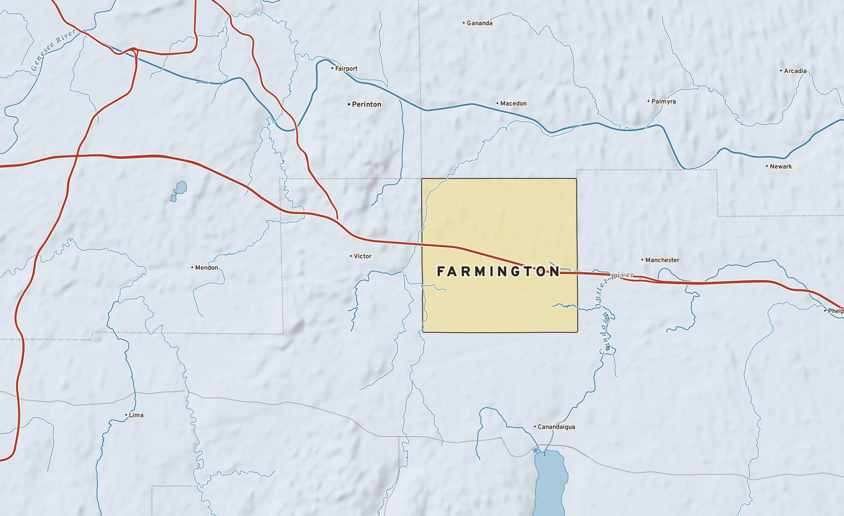 Shaded-relief atlas plate of Farmington, New York: rivers, roads, the city limits and where the water drains.