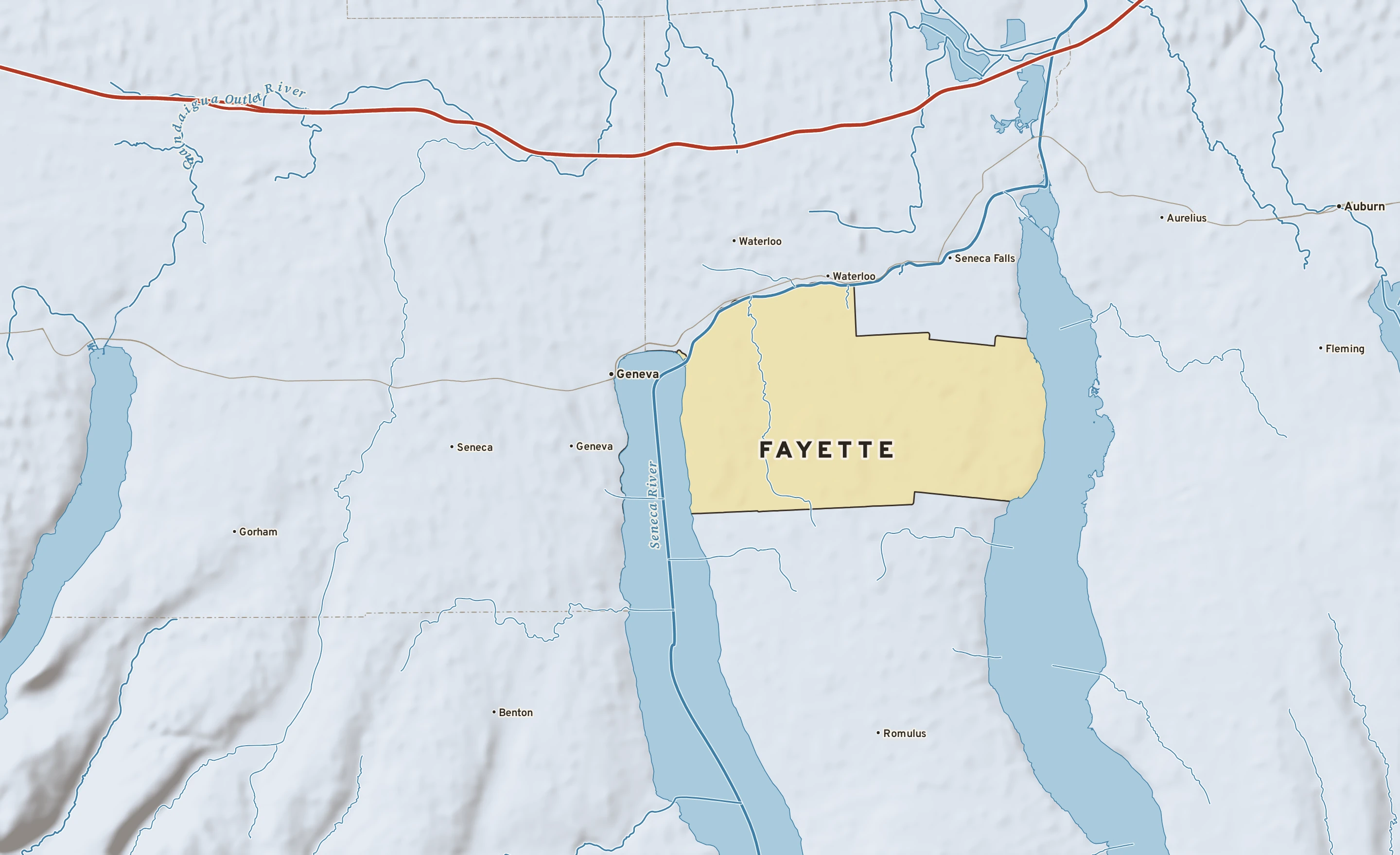Shaded-relief atlas plate of Fayette, New York: rivers, roads, the city limits and where the water drains.