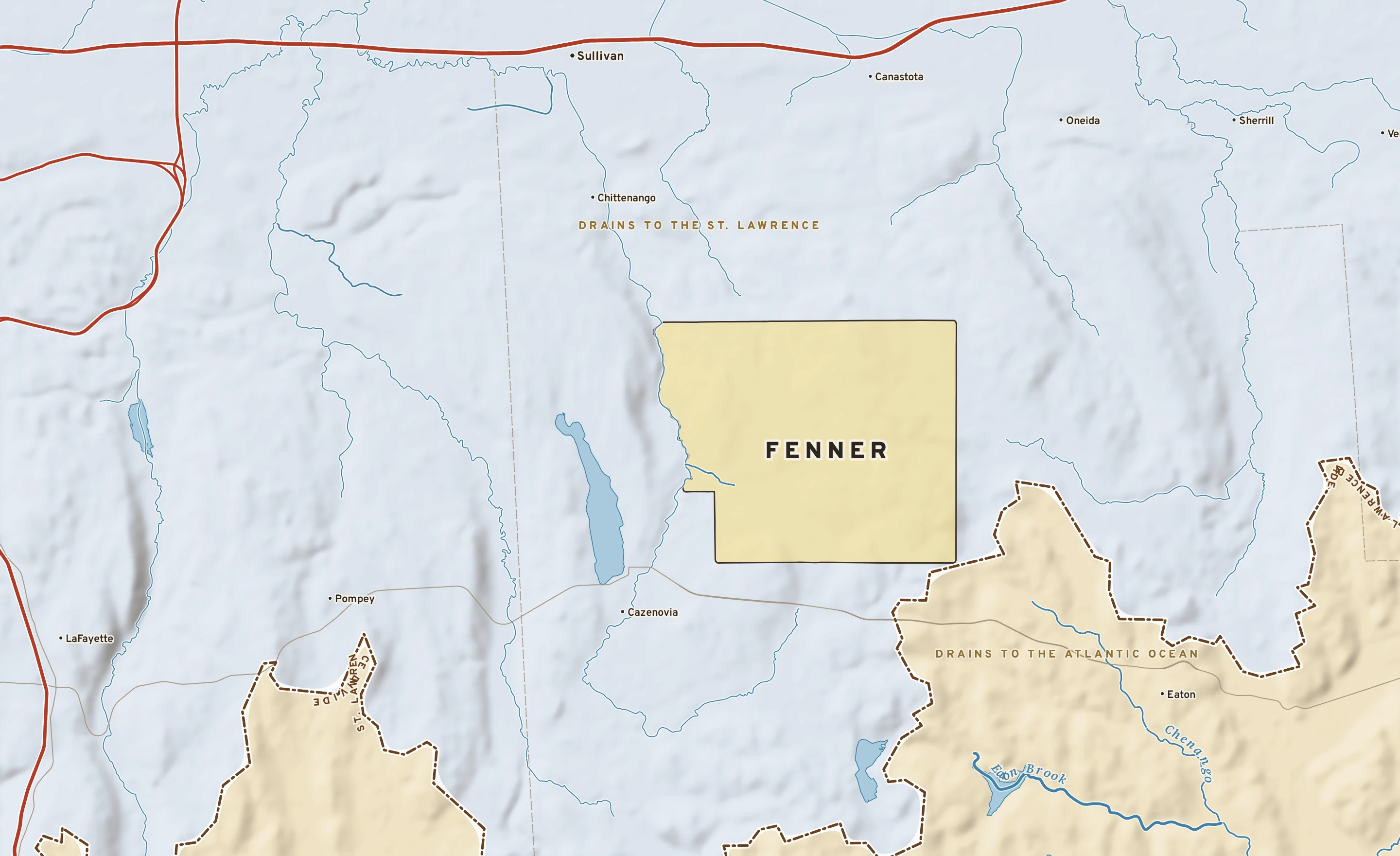 Shaded-relief atlas plate of Fenner, New York: rivers, roads, the city limits and where the water drains.