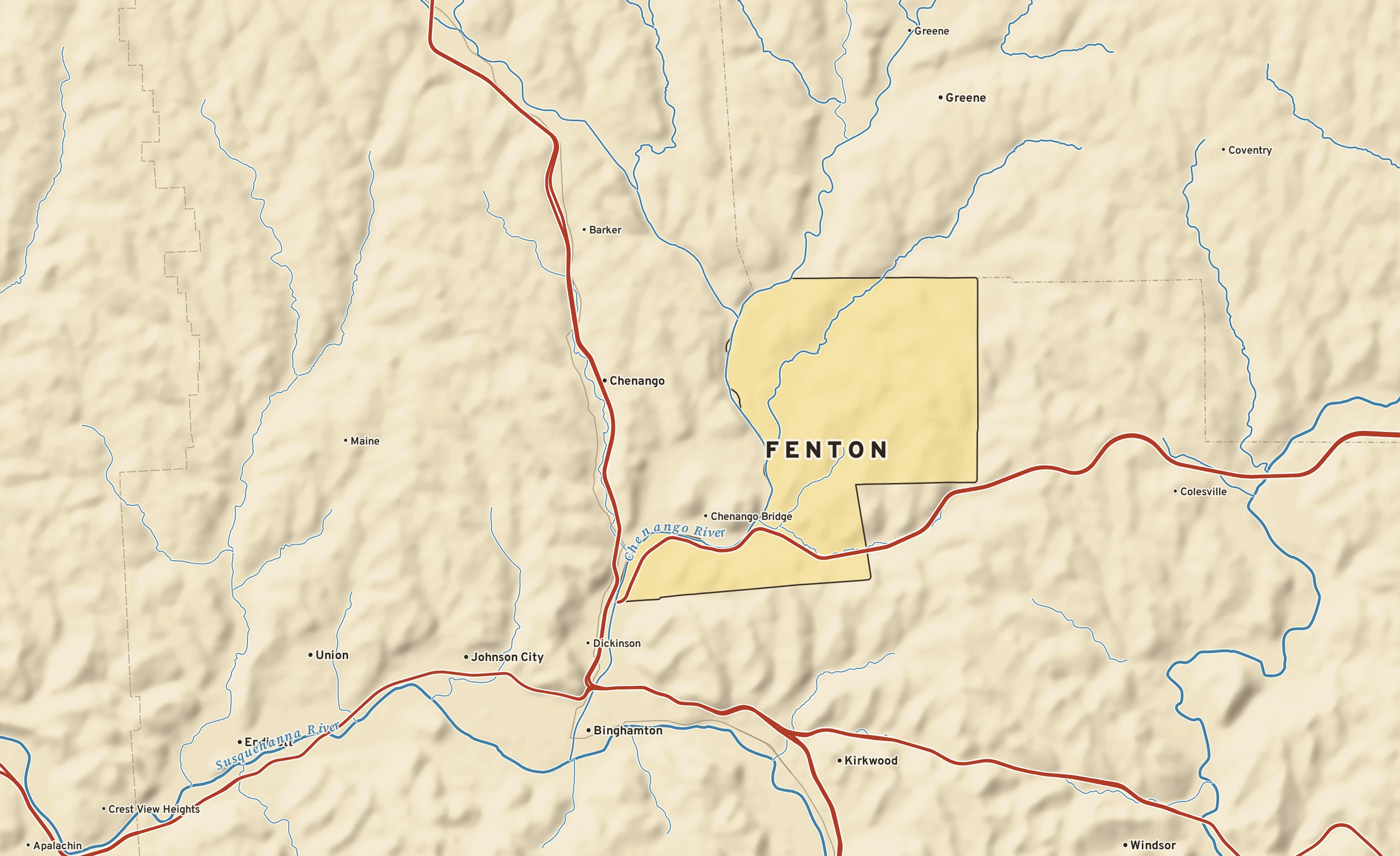 Shaded-relief atlas plate of Fenton, New York: rivers, roads, the city limits and where the water drains.