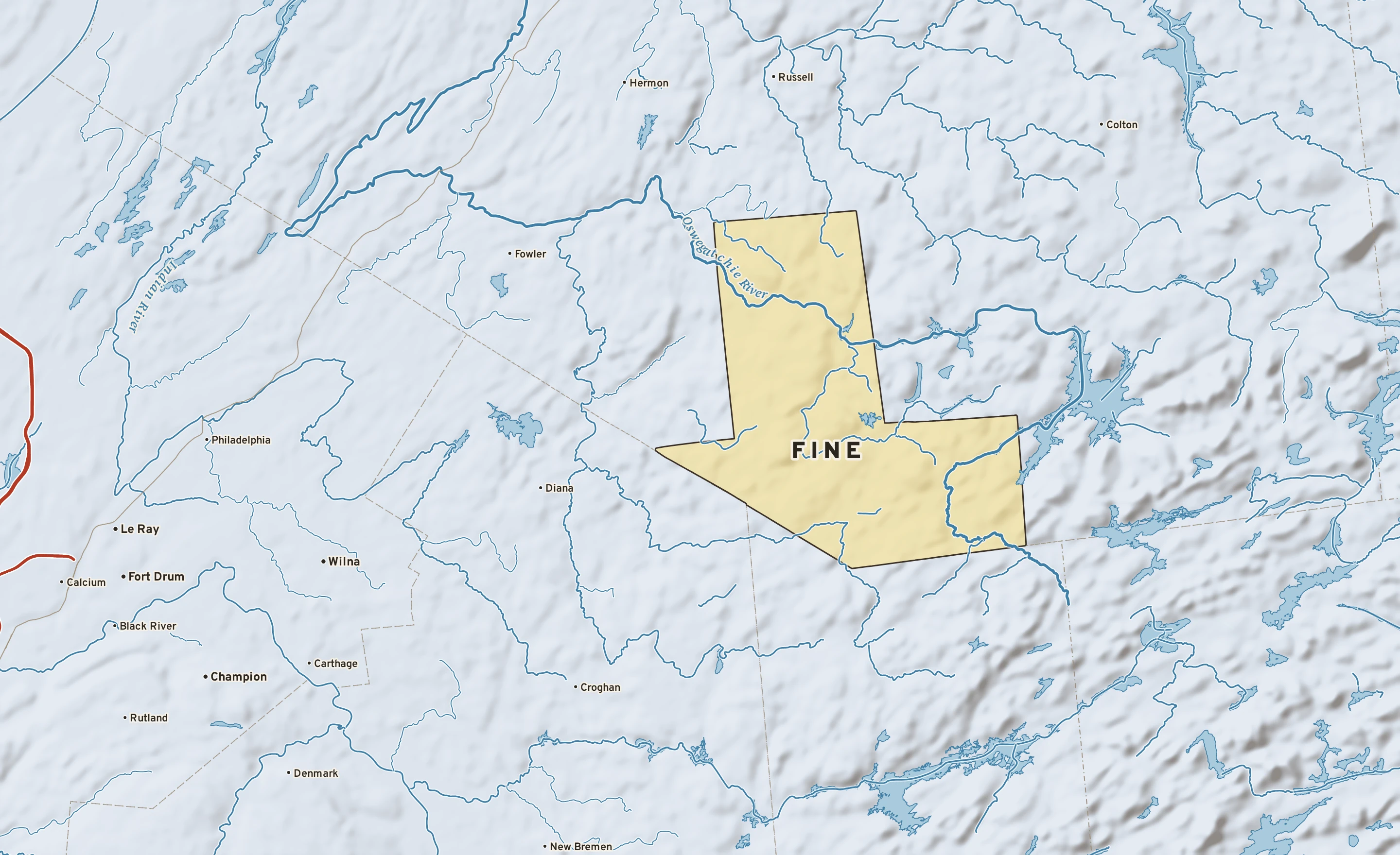 Shaded-relief atlas plate of Fine, New York: rivers, roads, the city limits and where the water drains.
