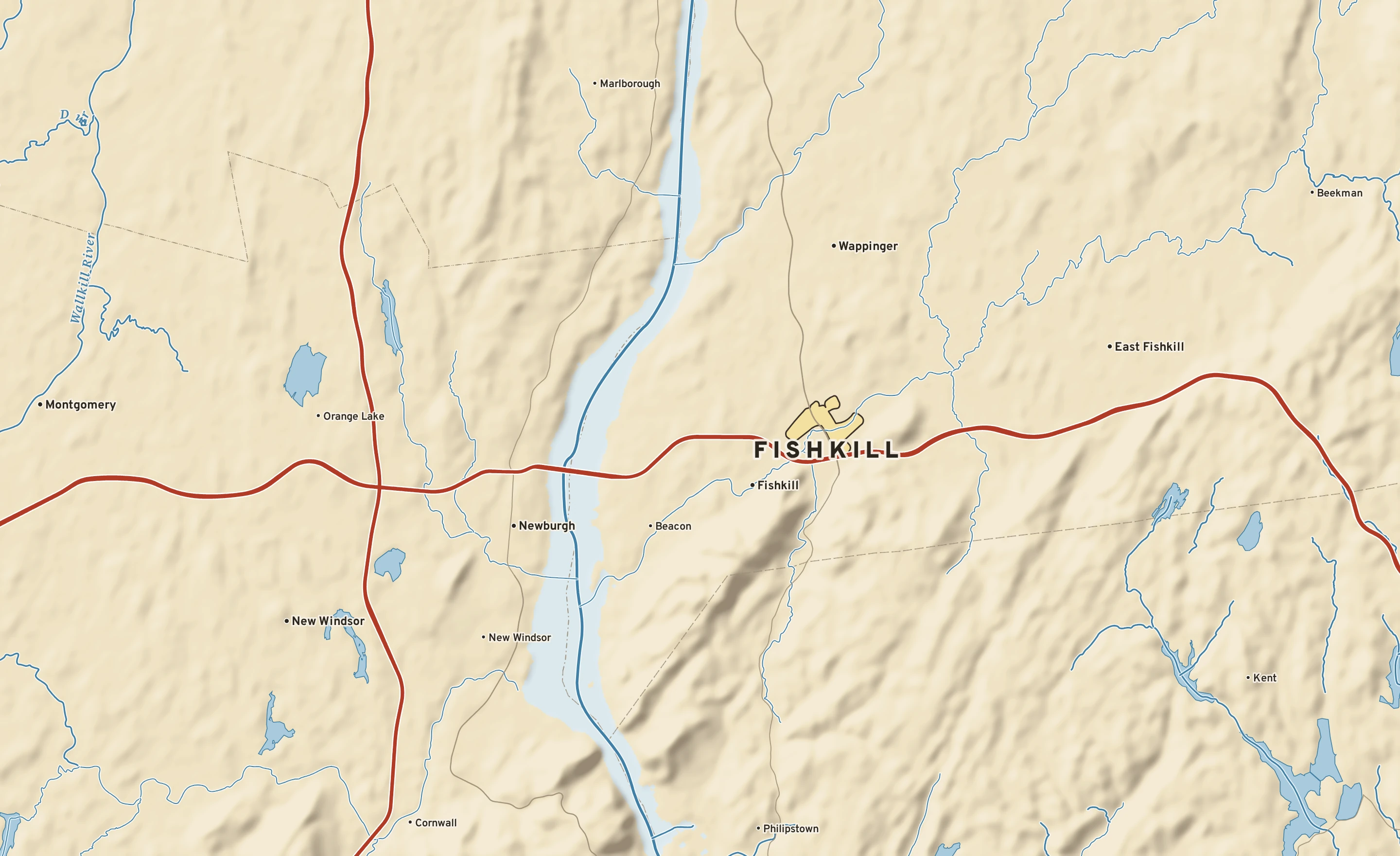 Shaded-relief atlas plate of Fishkill, New York: rivers, roads, the city limits and where the water drains.