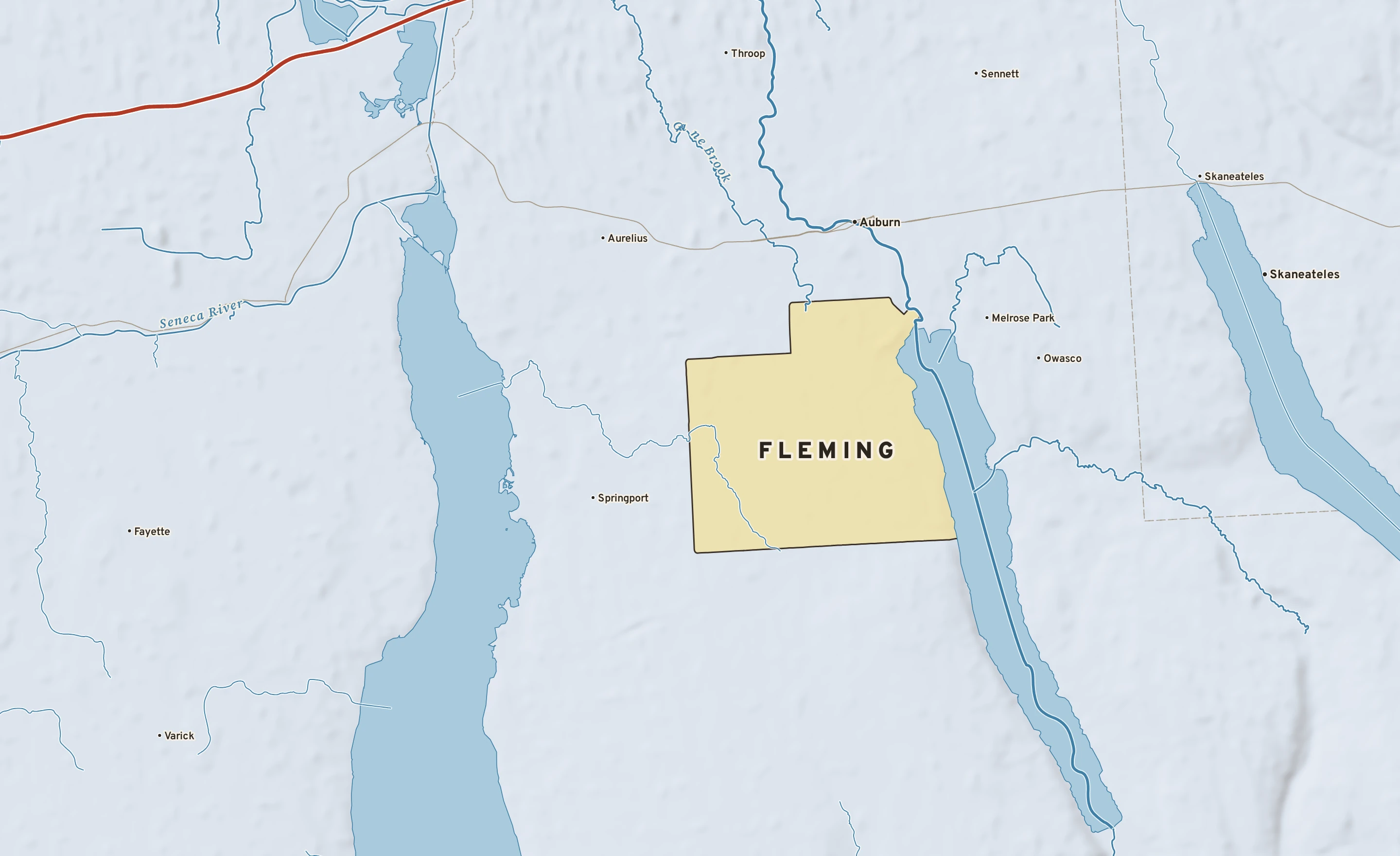 Shaded-relief atlas plate of Fleming, New York: rivers, roads, the city limits and where the water drains.