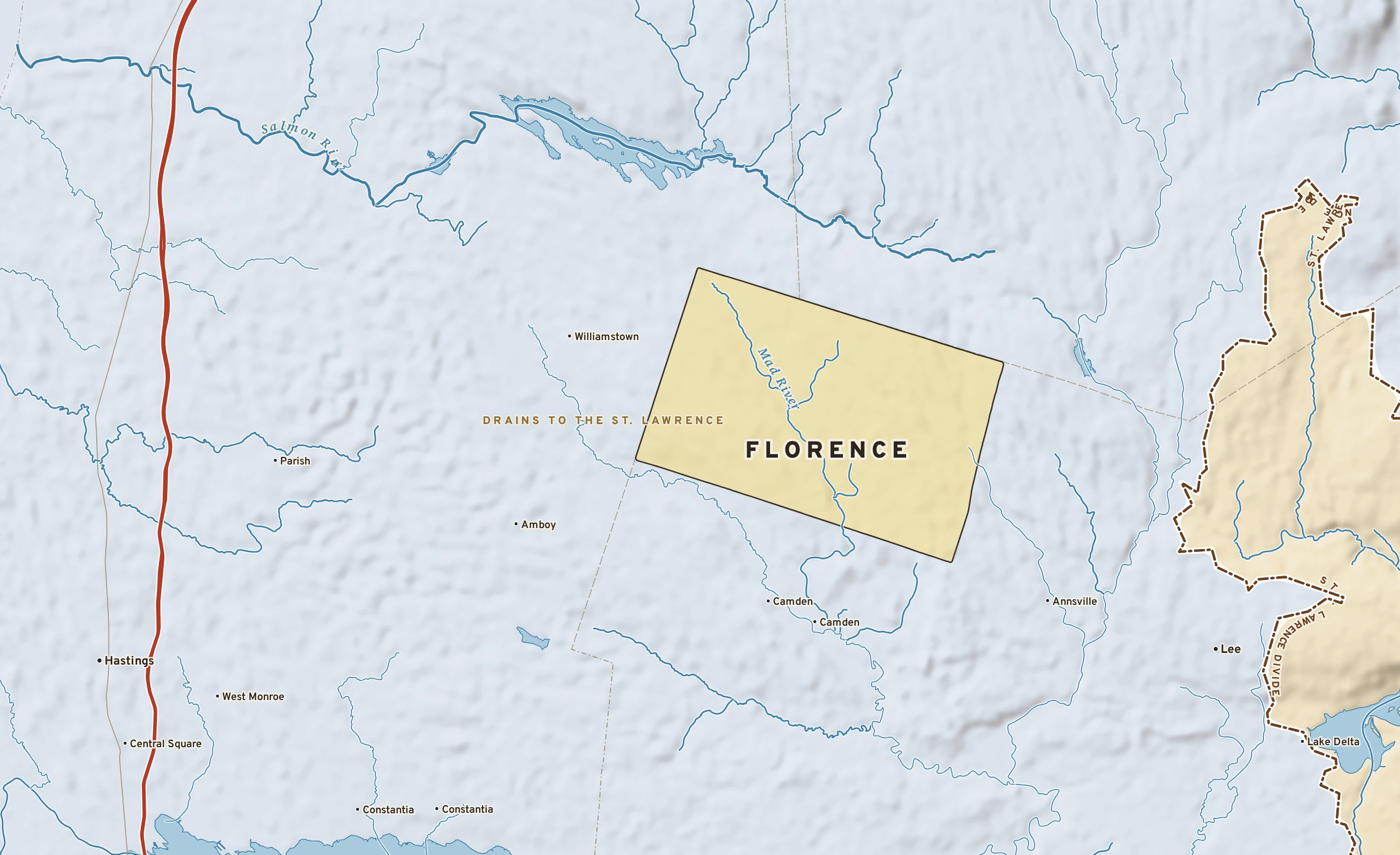 Shaded-relief atlas plate of Florence, New York: rivers, roads, the city limits and where the water drains.