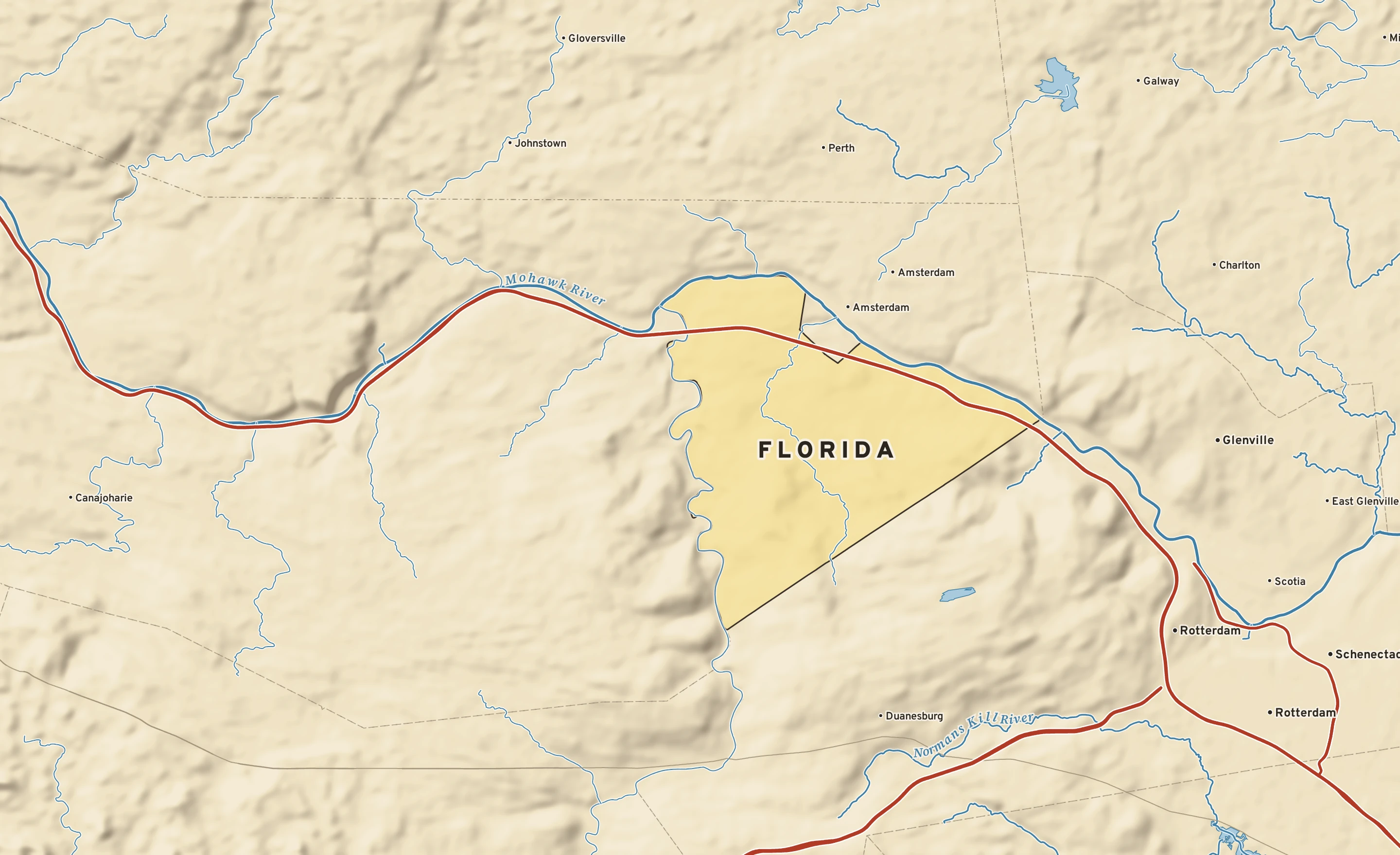 Shaded-relief atlas plate of Florida, New York: rivers, roads, the city limits and where the water drains.